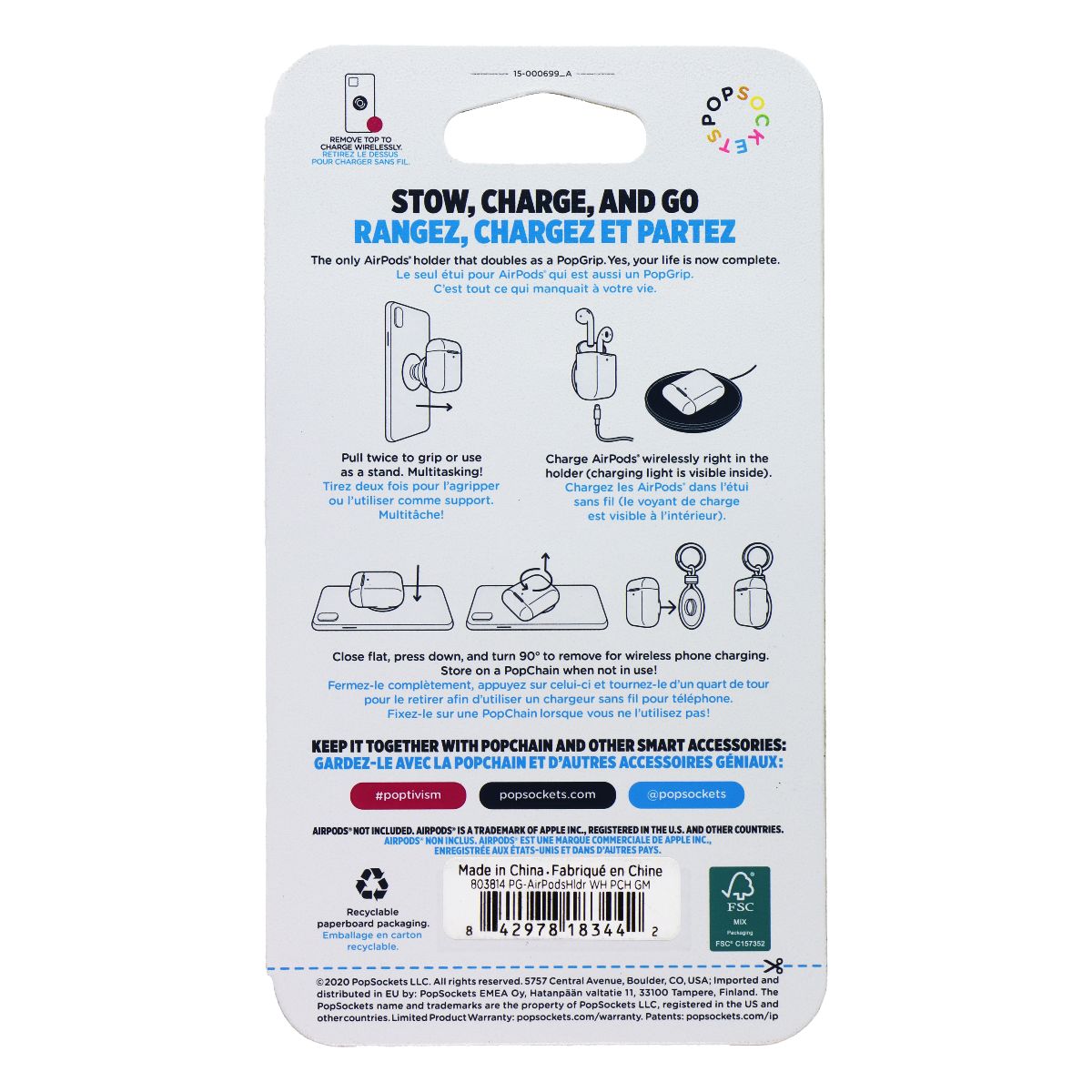 PopSockets PopGrip + PopChain AirPods 1/2 Holder & Keychain - White iPod, Audio Player Accessories - Cases, Covers & Skins PopSockets - Simple Cell Bulk Wholesale Pricing - USA Seller