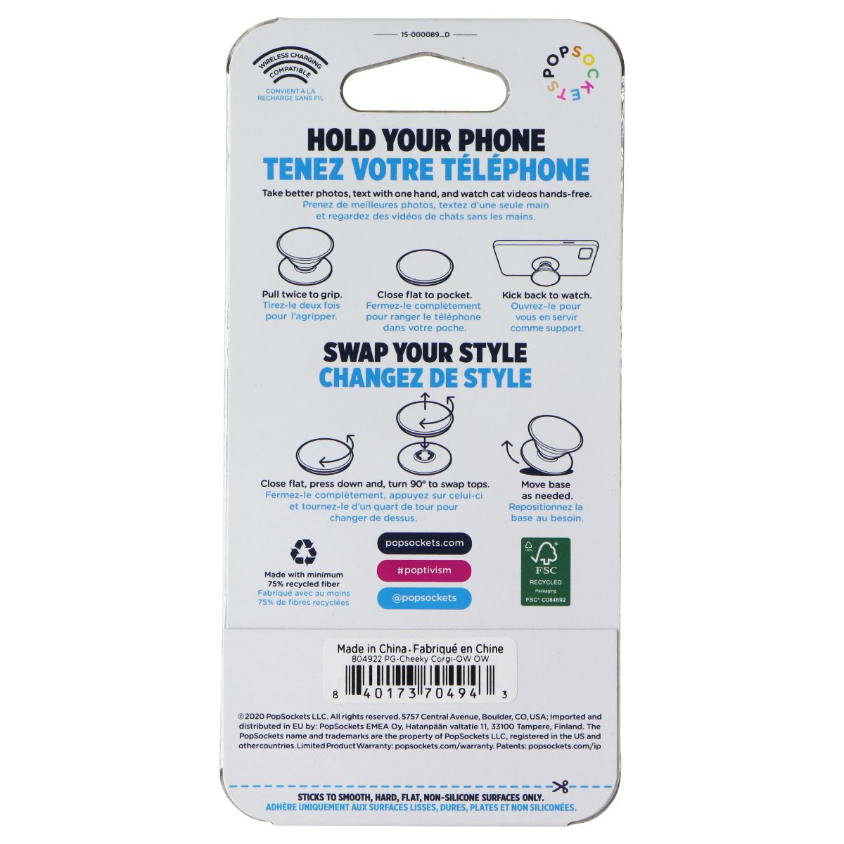 PopSockets PopGrip Holder & Stand with Swappable Top - Cheeky Corgi Cell Phone - Mounts & Holders PopSockets - Simple Cell Bulk Wholesale Pricing - USA Seller