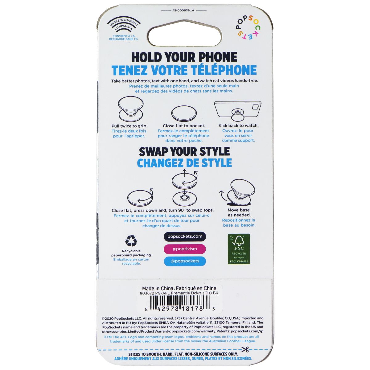 PopSockets PopGrip Expanding Stand Grip w/ Swappable Top - AFL Fremantle Dockers Cell Phone - Mounts & Holders PopSockets - Simple Cell Bulk Wholesale Pricing - USA Seller