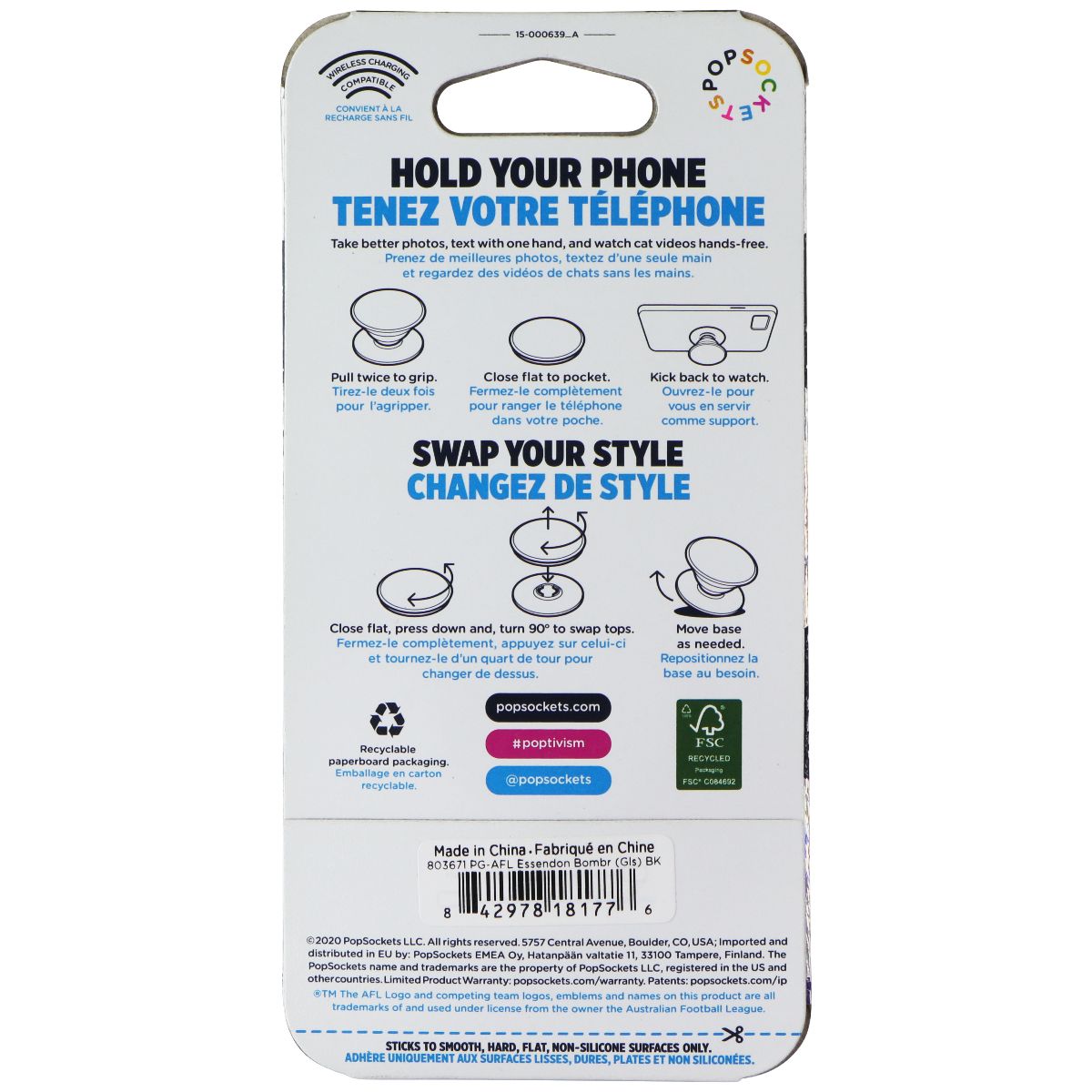 PopSockets PopGrip Expanding Stand Grip w/Swappable Top - AFL Essendon Bomber Cell Phone - Mounts & Holders PopSockets - Simple Cell Bulk Wholesale Pricing - USA Seller