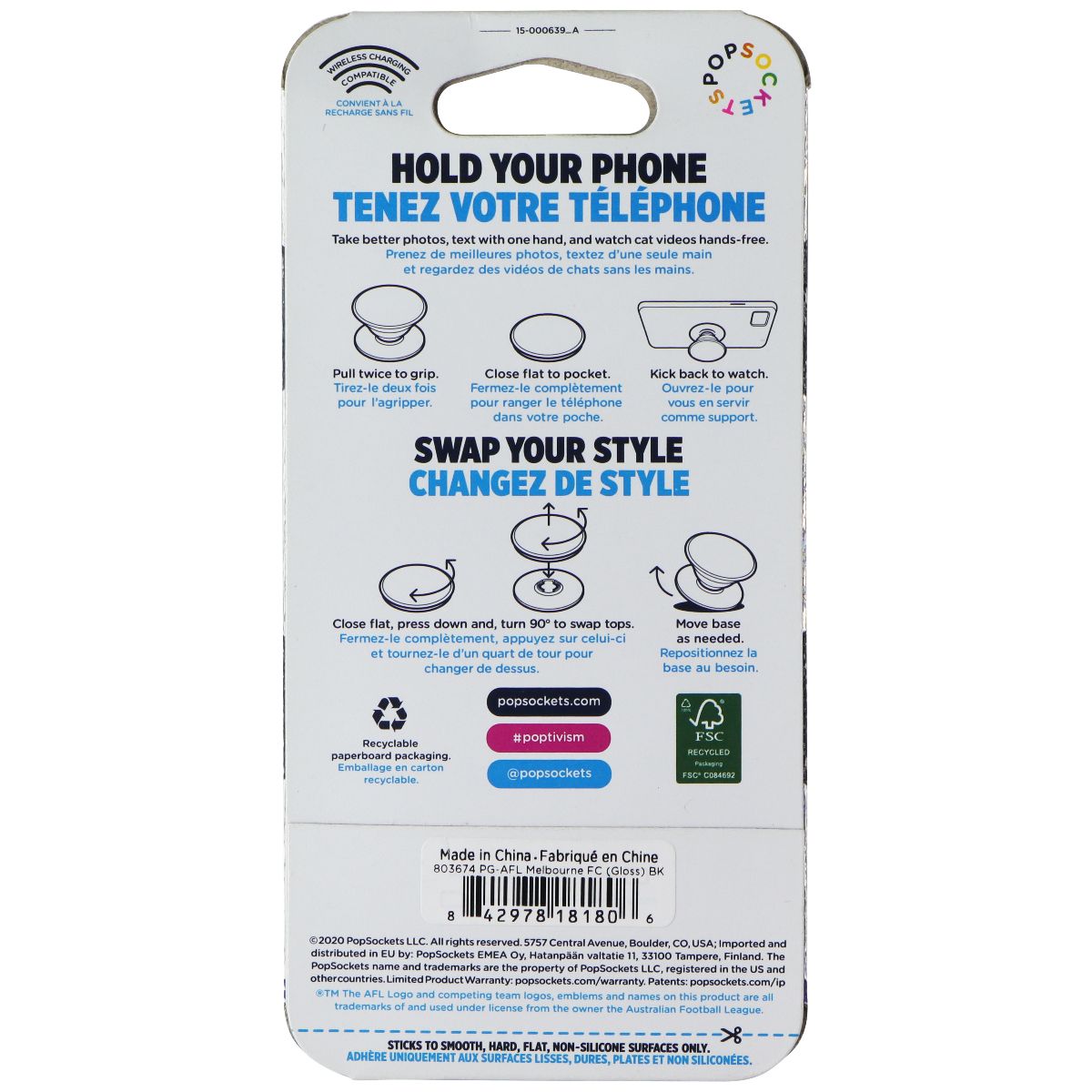 PopSockets PopGrip Expanding Stand Grip w/ Swappable Top - AFL Melbourne FC Cell Phone - Mounts & Holders PopSockets - Simple Cell Bulk Wholesale Pricing - USA Seller
