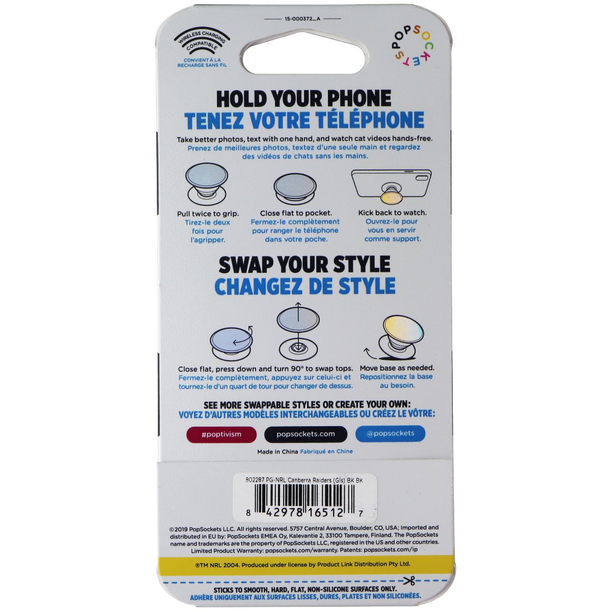 PopSockets PopGrip Expanding Stand Grip w/ Swap Top - NRL Canberra Raiders Cell Phone - Mounts & Holders PopSockets - Simple Cell Bulk Wholesale Pricing - USA Seller