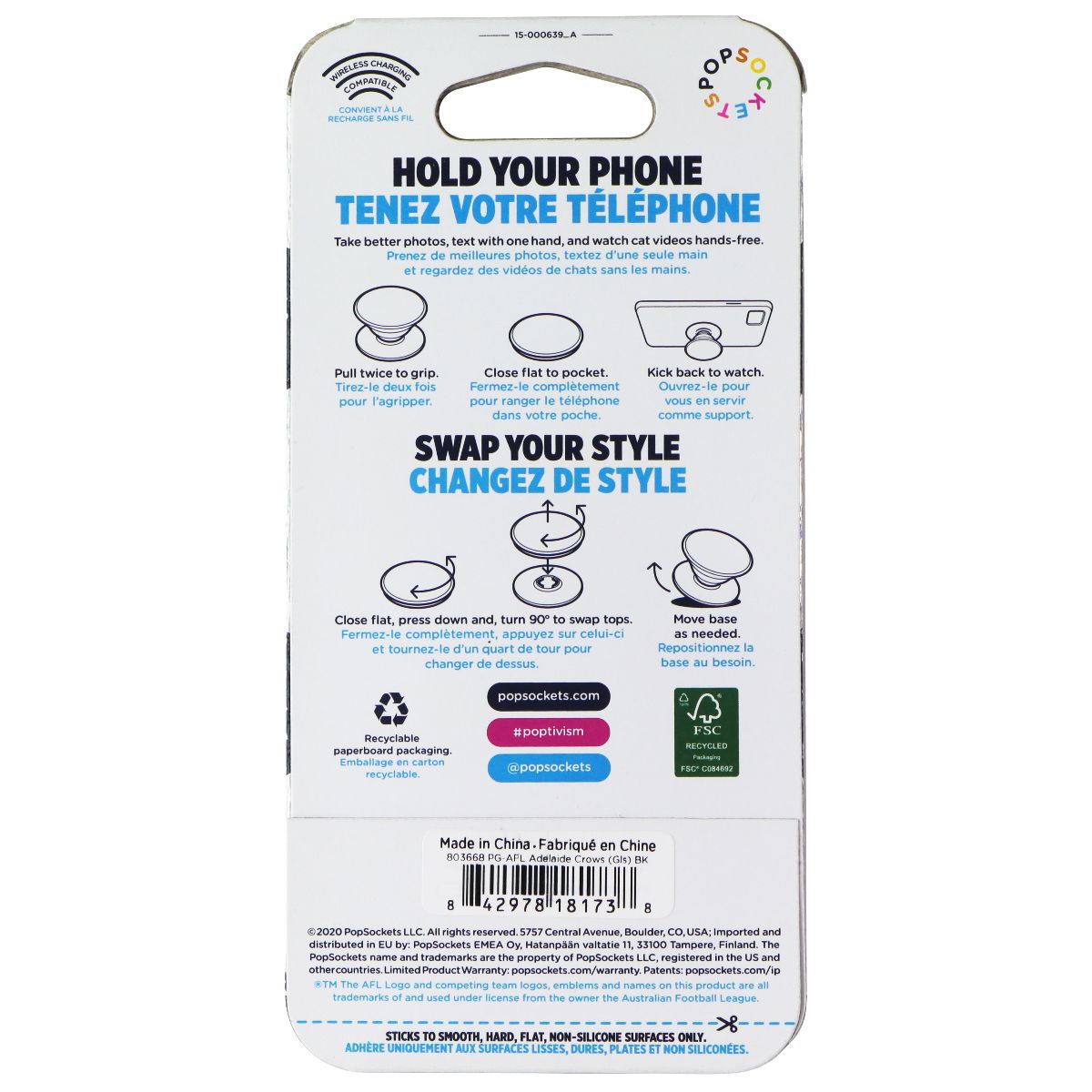 PopSockets PopGrip Expanding Stand Grip w/ Swappable Top - AFL Adelaide Crows Cell Phone - Mounts & Holders PopSockets - Simple Cell Bulk Wholesale Pricing - USA Seller