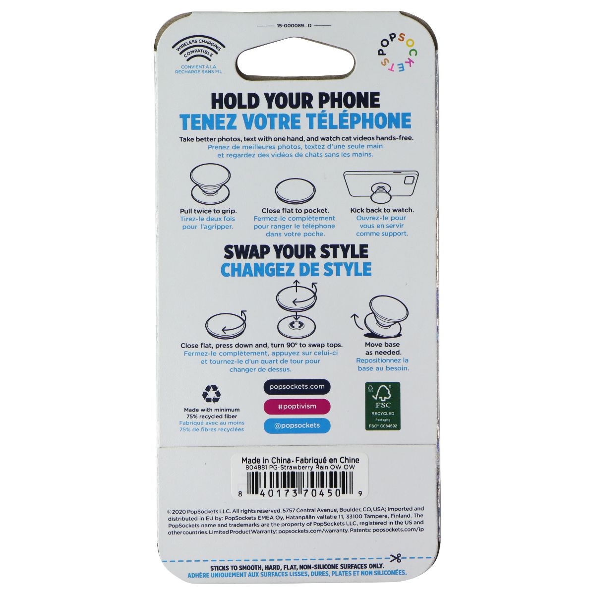 PopSockets PopGrip Holder & Stand with Swappable Top - Strawberry Rain Cell Phone - Mounts & Holders PopSockets - Simple Cell Bulk Wholesale Pricing - USA Seller