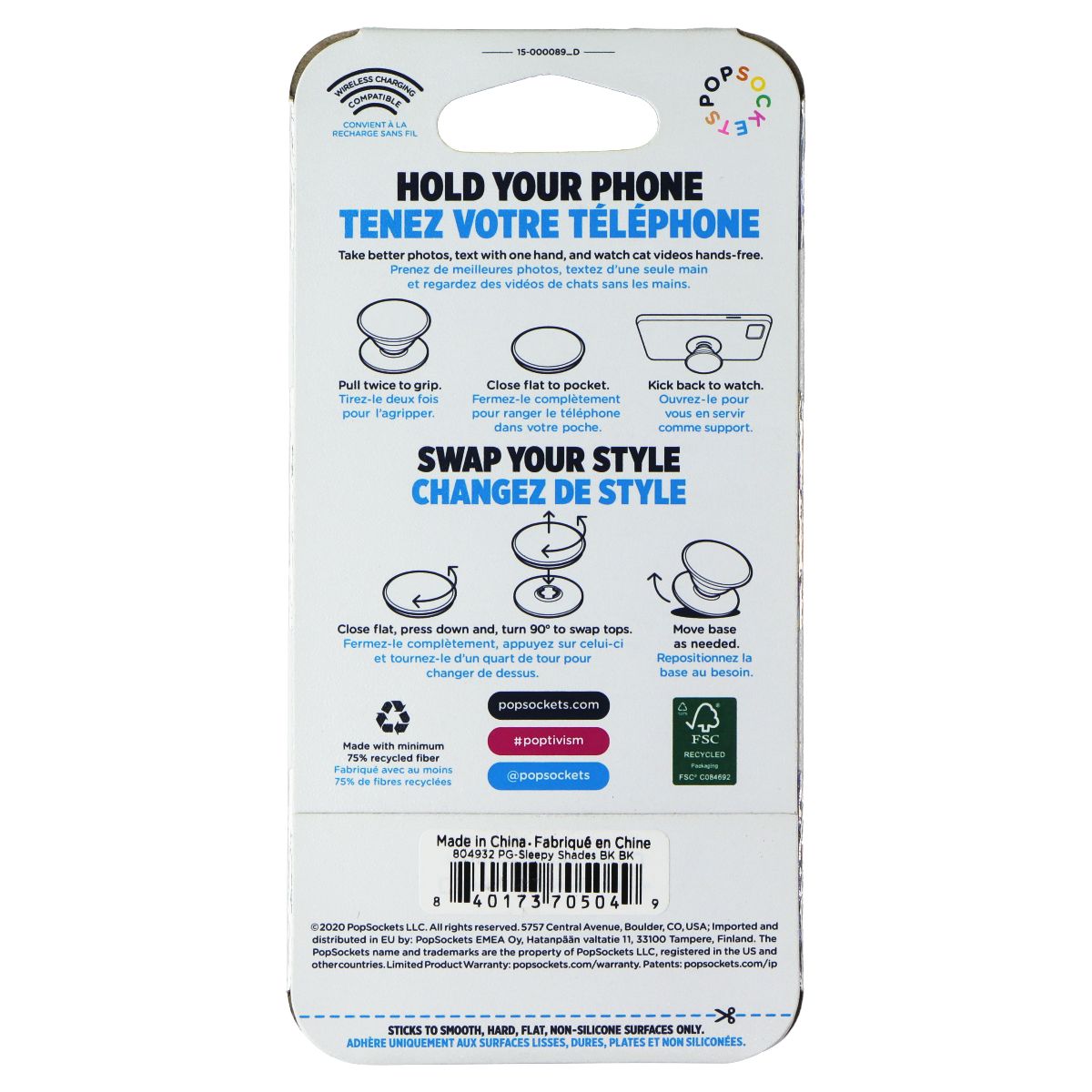 PopSockets PopGrip Expanding Stand Grip with Swappable Top - Sleepy Shades Cell Phone - Mounts & Holders PopSockets - Simple Cell Bulk Wholesale Pricing - USA Seller