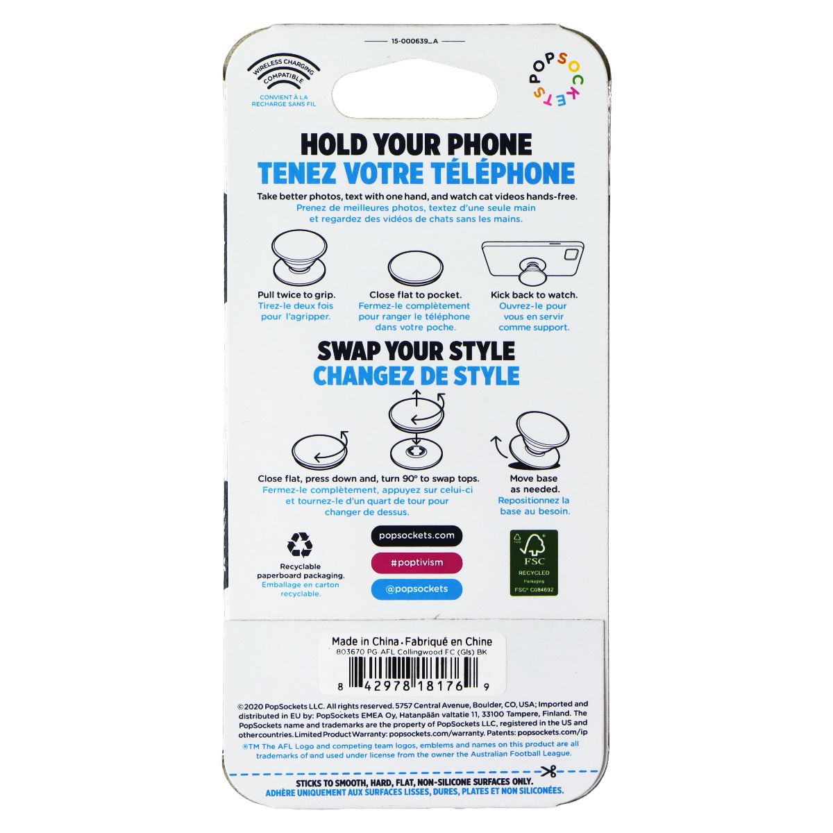 PopSockets PopGrip Expanding Stand Grip w/Swap Top - AFL Collingwood Magpies Cell Phone - Mounts & Holders PopSockets - Simple Cell Bulk Wholesale Pricing - USA Seller