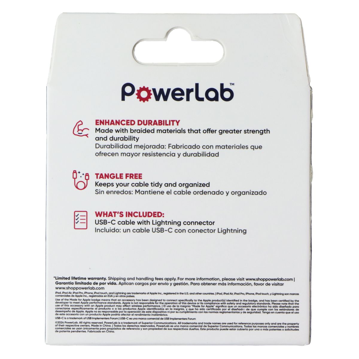 PowerLab Braided (10-Ft) USB-C to 8-Pin Charge Sync Cable - Silver/White Cell Phone - Cables & Adapters PowerLab - Simple Cell Bulk Wholesale Pricing - USA Seller