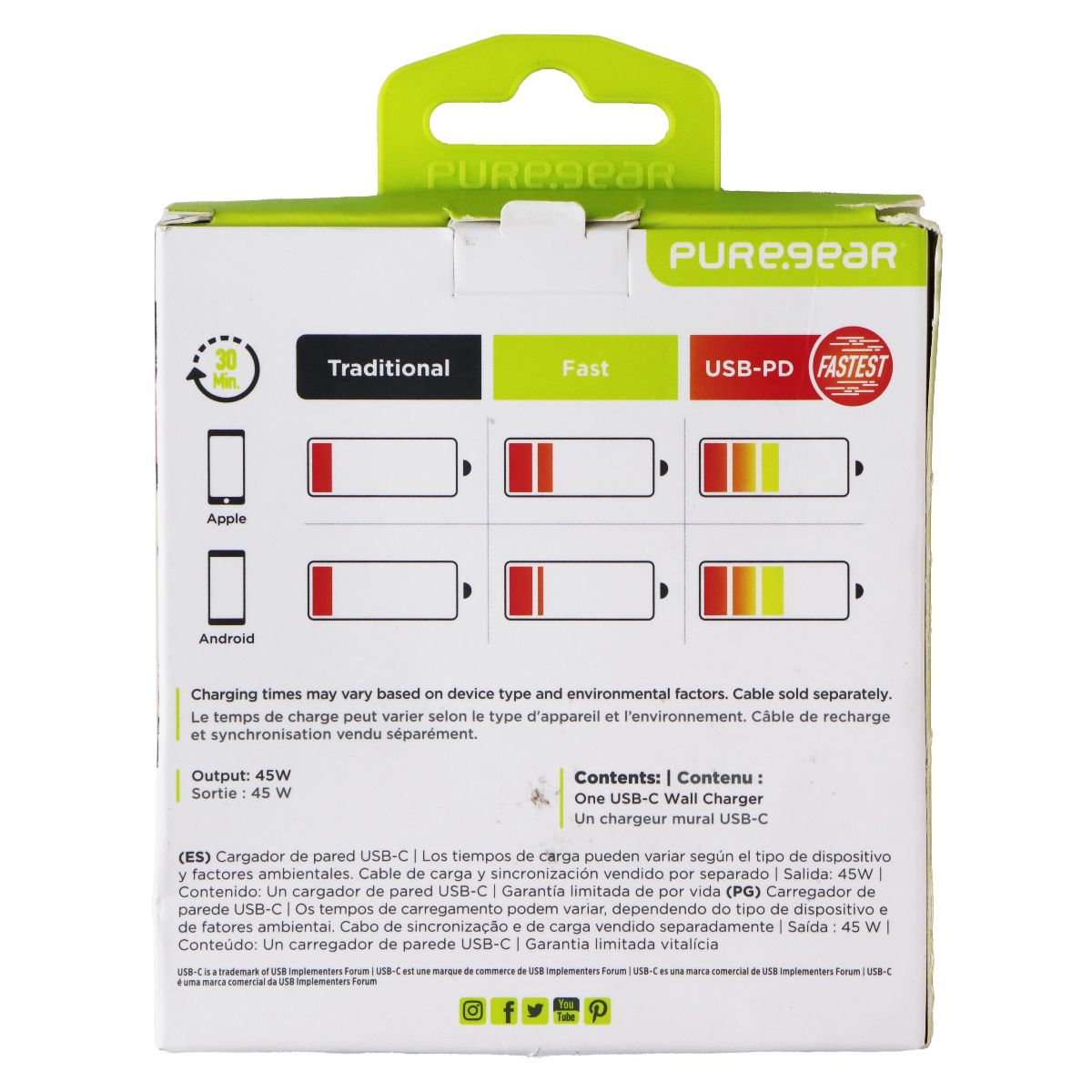 PureGear LightSpeed 45W USB-C Wall Charger - Black Cell Phone - Chargers & Cradles PureGear - Simple Cell Bulk Wholesale Pricing - USA Seller