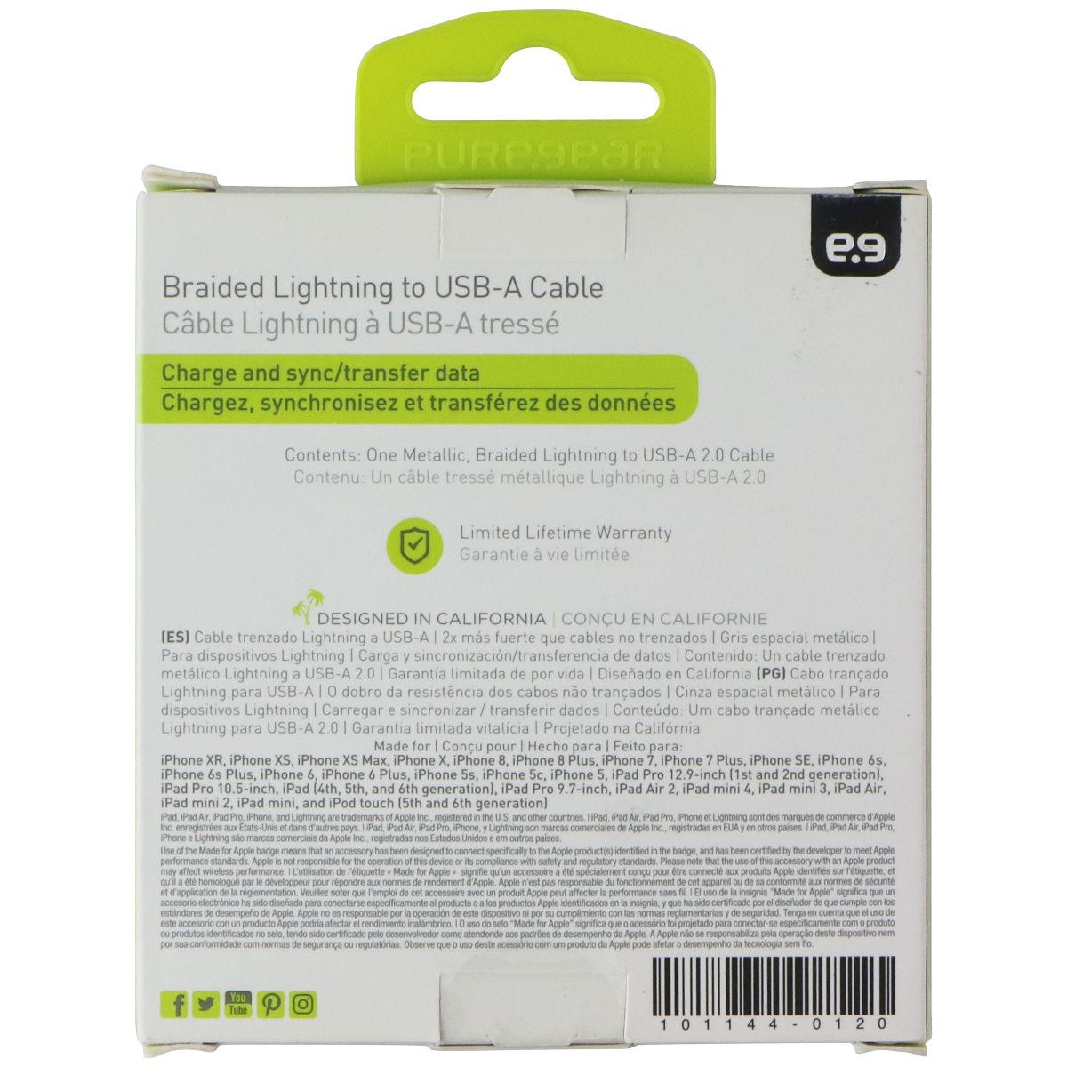 PureGear (4-Ft) Braided 8-Pin to USB Charge/Sync Cable - Metallic Space Gray Cell Phone - Cables & Adapters PureGear - Simple Cell Bulk Wholesale Pricing - USA Seller