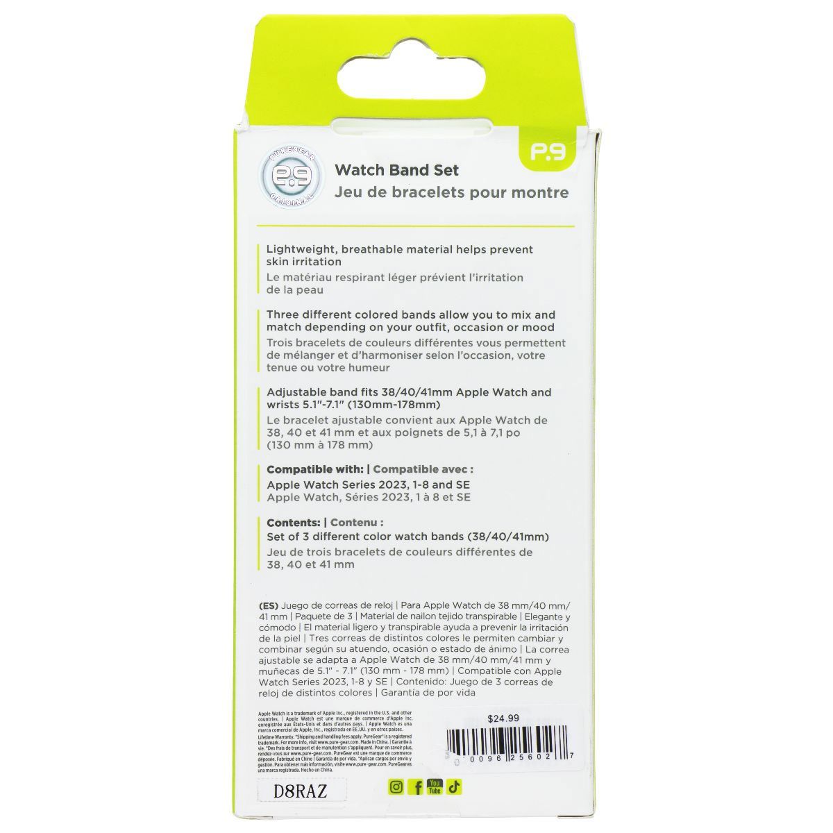 PureGear 3 Pack Nylon & Velcro Watch Band Set for Apple Watch (38/40/41mm) Smart Watch Accessories - Watch Bands PureGear - Simple Cell Bulk Wholesale Pricing - USA Seller