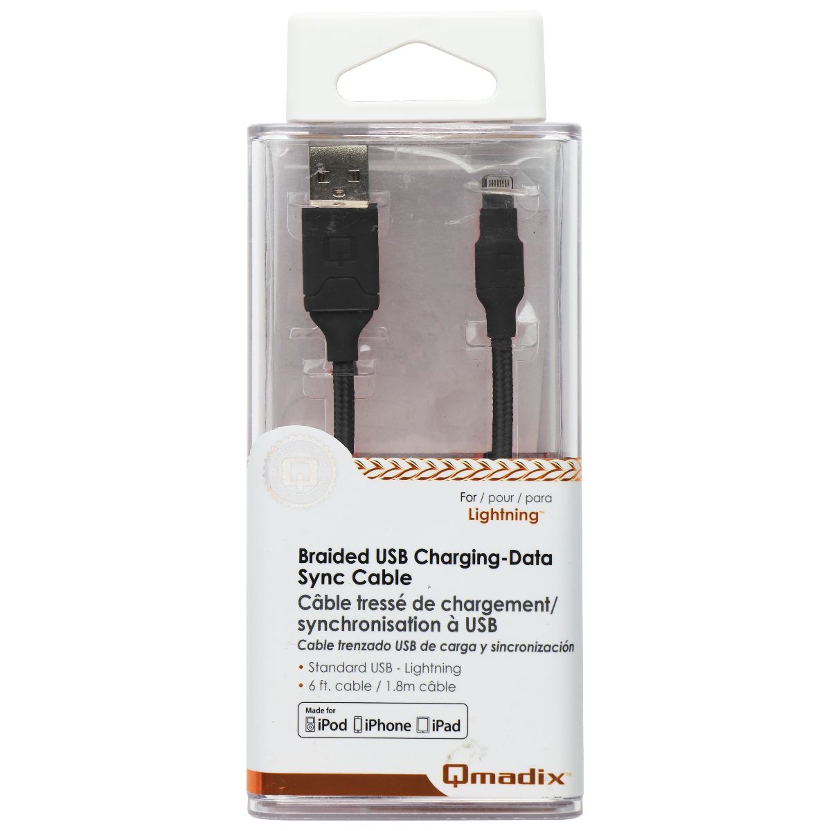 Qmadix (6-Ft) Braided USB to Lightning 8-Pin Charge/Sync Cable - Black Cell Phone - Cables & Adapters Qmadix - Simple Cell Bulk Wholesale Pricing - USA Seller