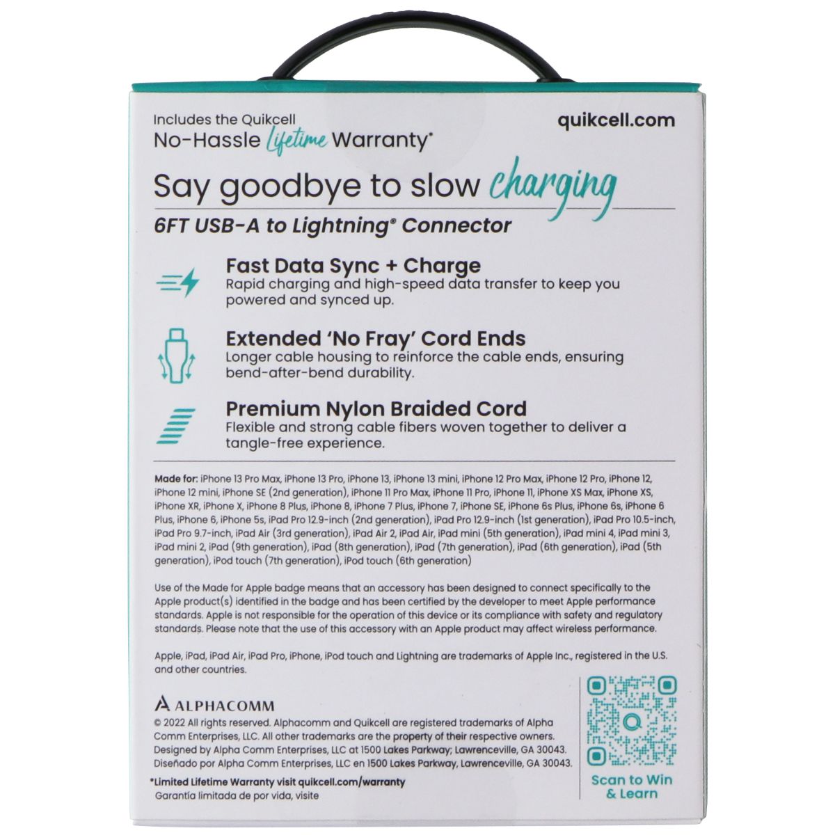 Quikcell 6FT USB-A to Lightning 8-Pin Charging Cable - Black Cell Phone - Cables & Adapters Quikcell - Simple Cell Bulk Wholesale Pricing - USA Seller