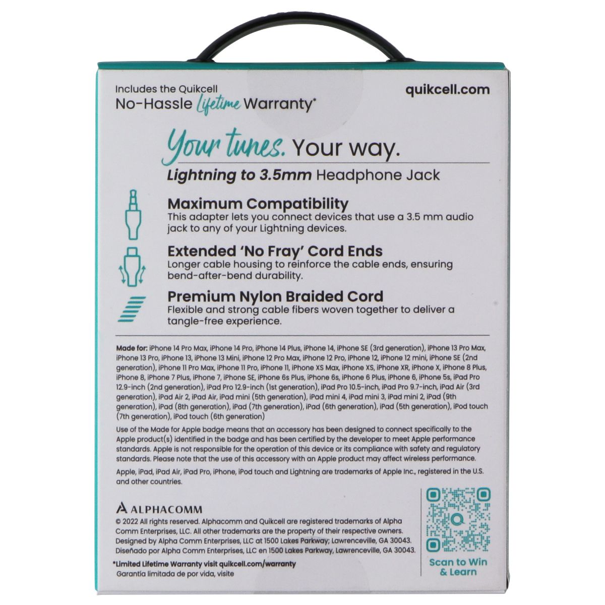 Quikcell Braided Audio Adapter Cable 8-Pin to 3.5mm Headphone Jack - Black Cell Phone - Cables & Adapters Quikcell - Simple Cell Bulk Wholesale Pricing - USA Seller