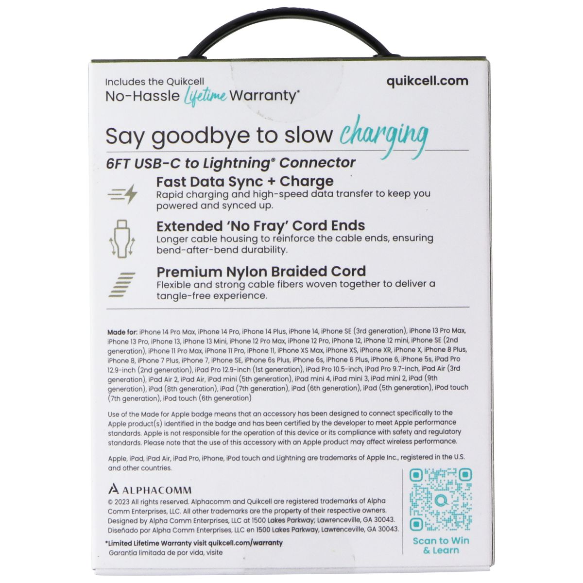 Quikcell 6Ft Braided USB-C to Lightning 8-Pin Charging Cable - Black Cell Phone - Cables & Adapters Quikcell - Simple Cell Bulk Wholesale Pricing - USA Seller