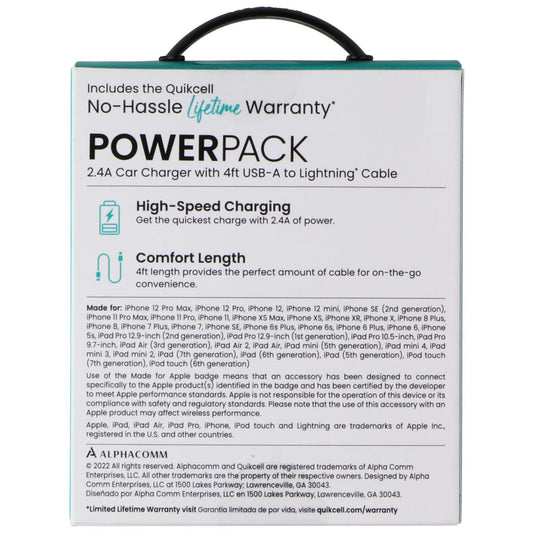 Quikcell 2.4A Car Charger with 4ft USB-A to Lightning 8-Pin Cable - Black