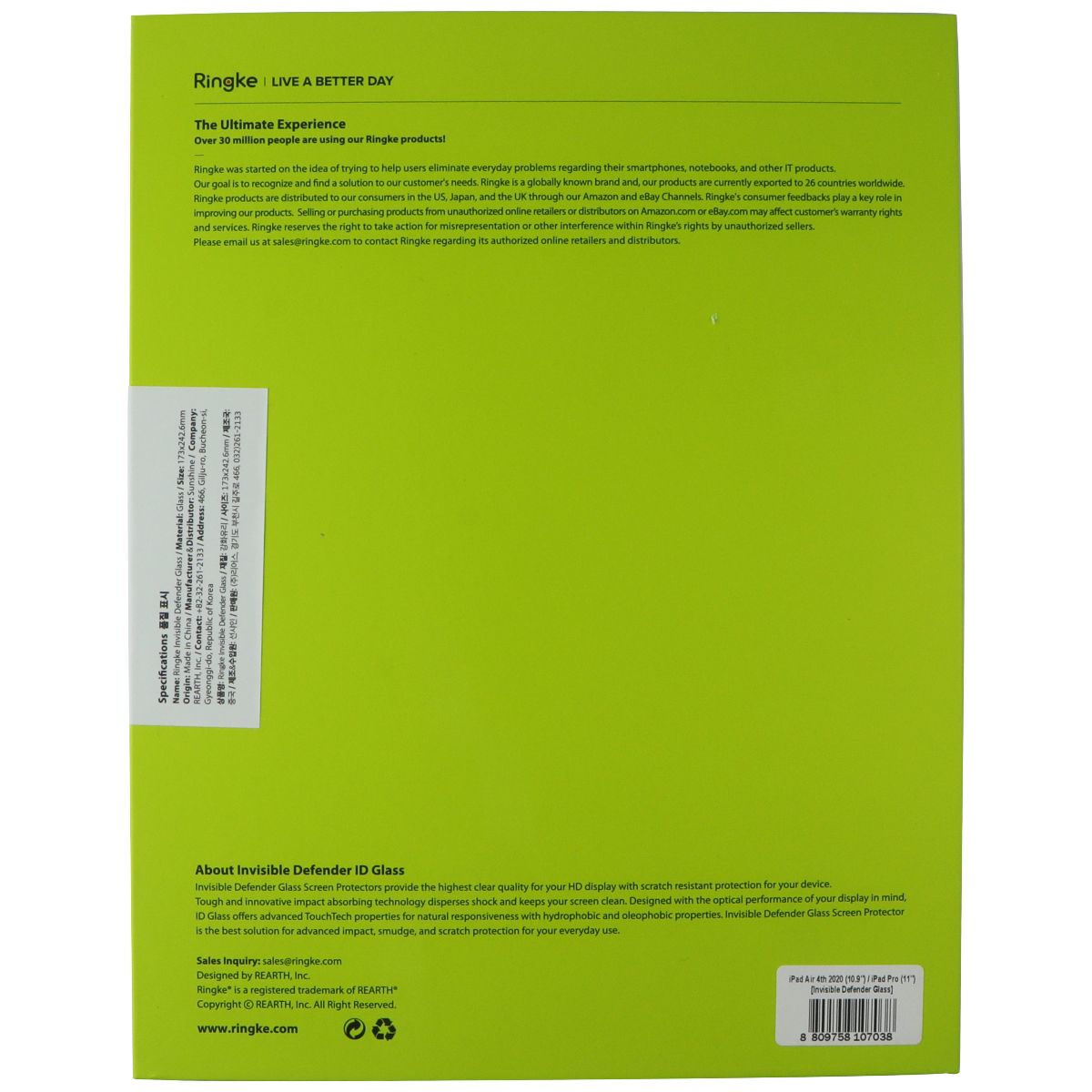 Ringke Invisible Defender Tempered Glass for Apple iPad Air (4th, 2020)/Pro 11in iPad/Tablet Accessories - Screen Protectors Ringke - Simple Cell Bulk Wholesale Pricing - USA Seller