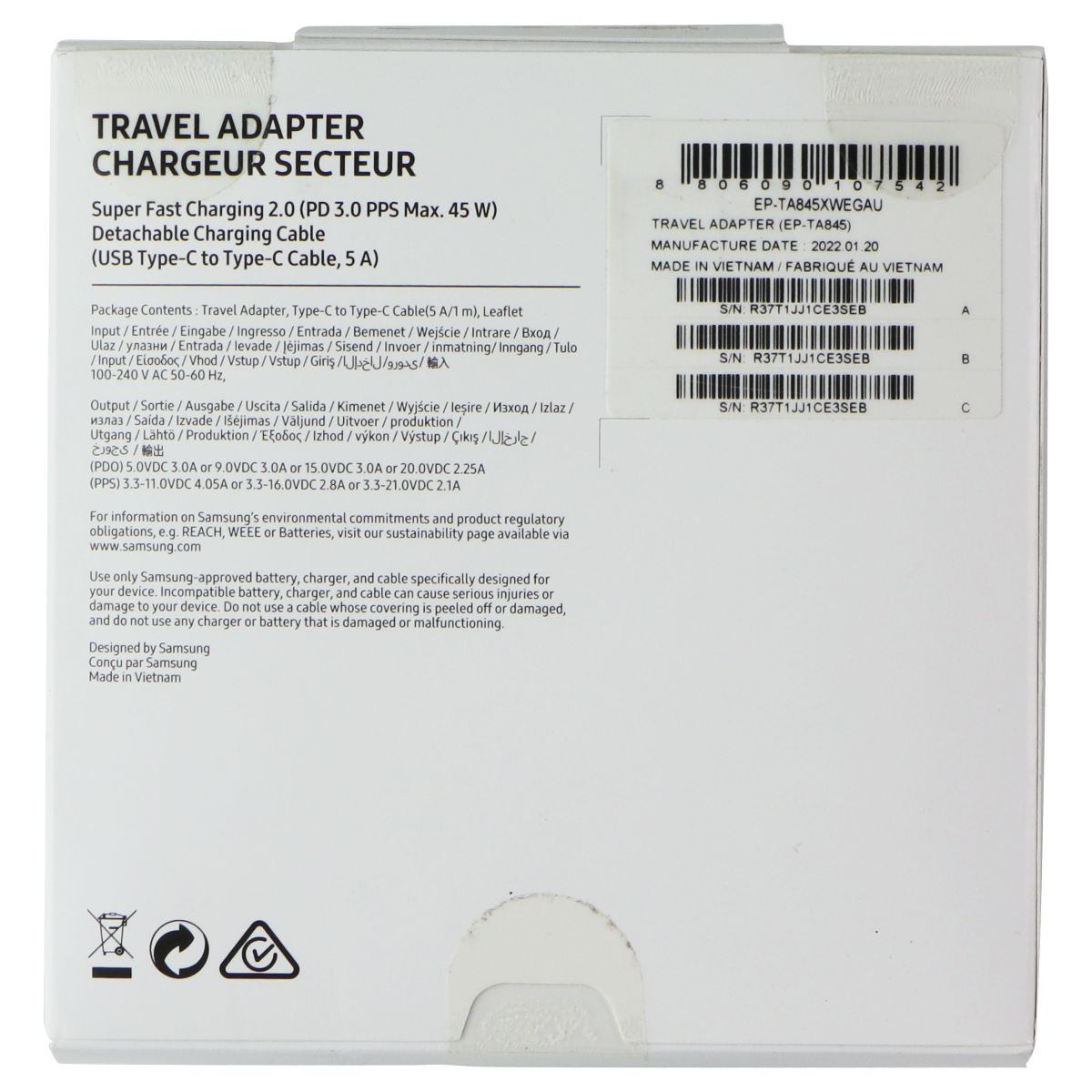 Samsung 45W Travel Adapter (AUSTRALIAN) + USB-C to USB-C Cable - White