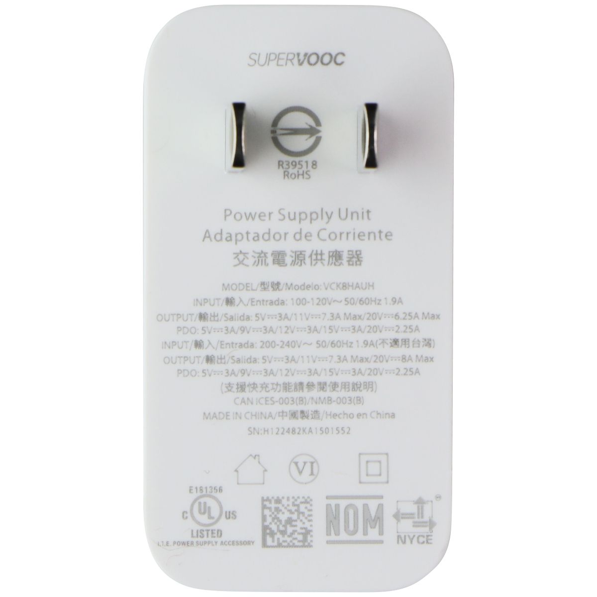 SuperVooc 125W VCK8HAUH 5V/3A USB-C Wall Charger - White Parts & Accessories - Chargers & Cradles SuperVooc - Simple Cell Bulk Wholesale Pricing - USA Seller