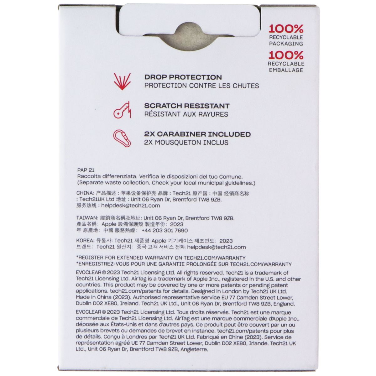 Tech21 EvoClear Cases with Carabiners for Apple AirTag - Clear (Pack of 2) Cell Phone - Mounts & Holders Tech21 - Simple Cell Bulk Wholesale Pricing - USA Seller