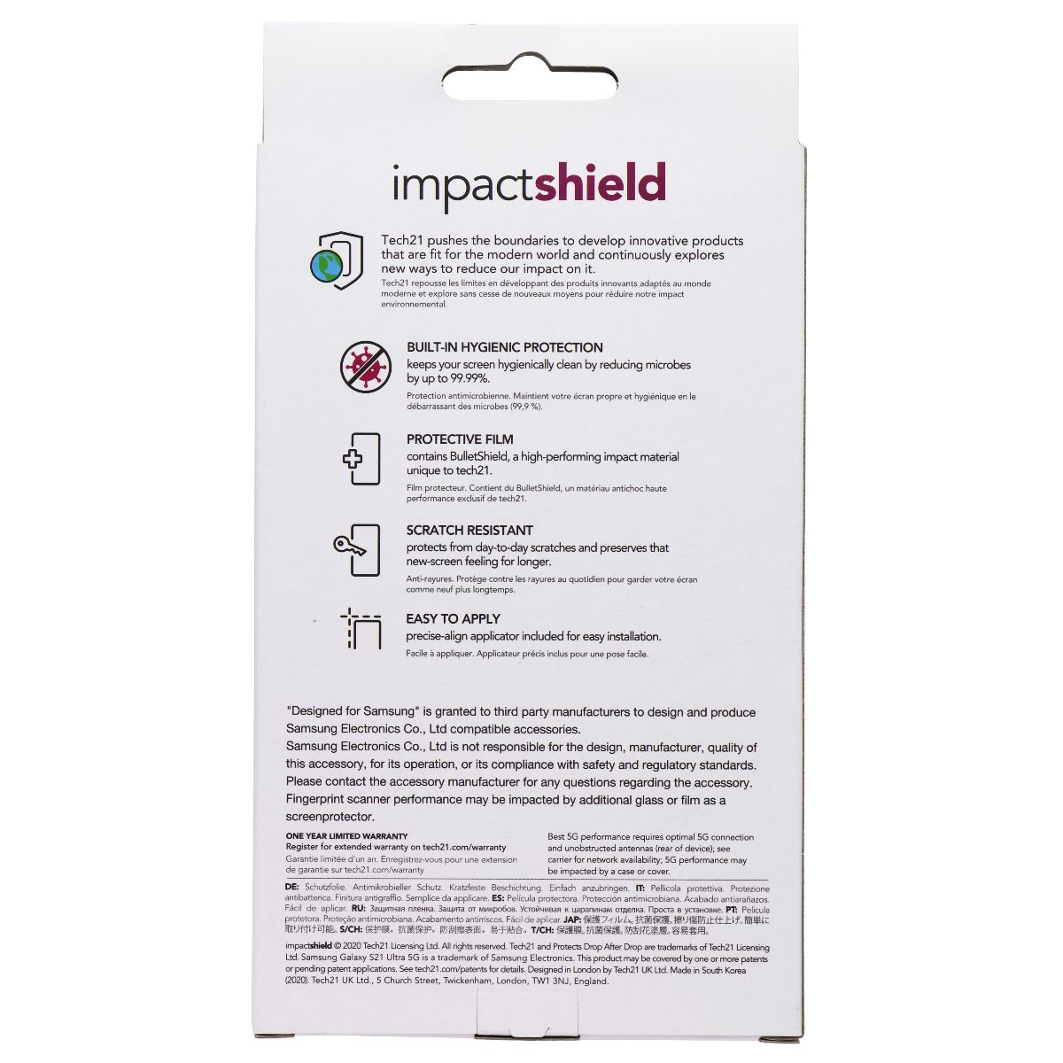 Tech21 Impact Shield Series Screen Protector for Samsung Galaxy S21 Ultra 5G Cell Phone - Screen Protectors Tech21 - Simple Cell Bulk Wholesale Pricing - USA Seller