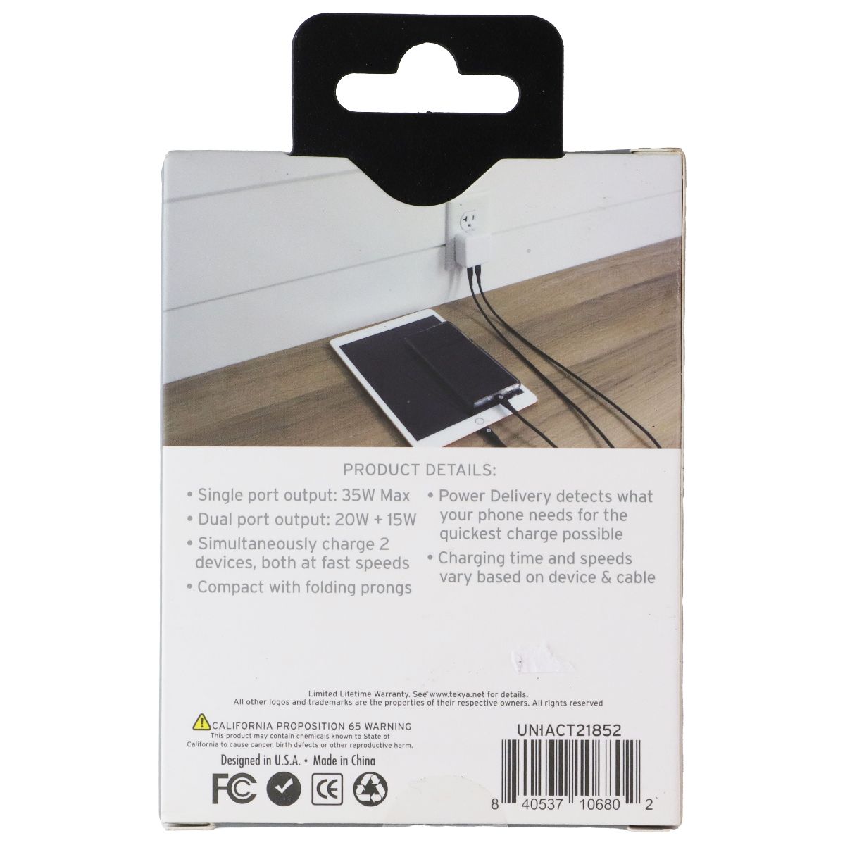 TEKYA 35W Dual Port USB-C Wall Charger - White