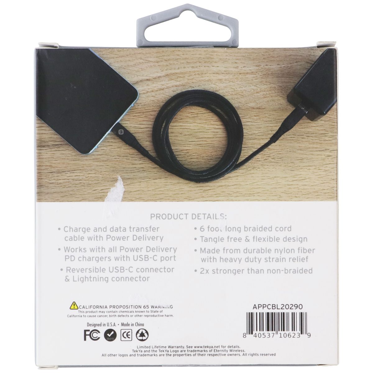 TekYa (6-Foot) Braided Cable - Power Delivery USB-C to Lightning 8-Pin - Black