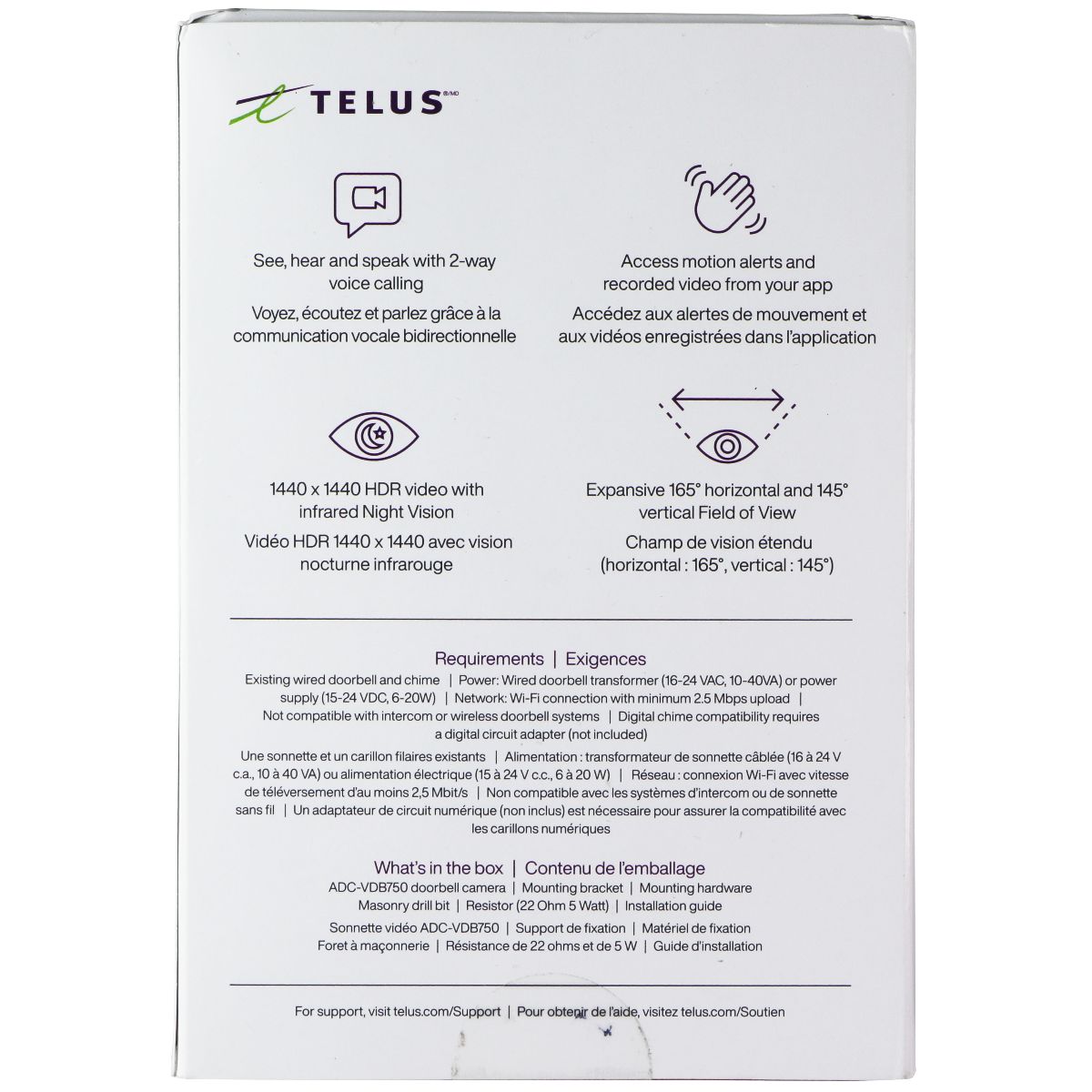 Telus SDC-VDB750 Two-Way HDR Video Doorbell Camera with Self Install Kit - White Home Surveillance - Security Cameras Telus - Simple Cell Bulk Wholesale Pricing - USA Seller