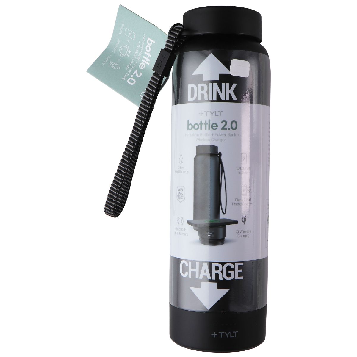 TYLT Bottle 2.0: Hydration Bottle + Power Bank + Wireless Charger - Black / 24oz Sporting Goods - Water Bottle & Cages TYLT - Simple Cell Bulk Wholesale Pricing - USA Seller
