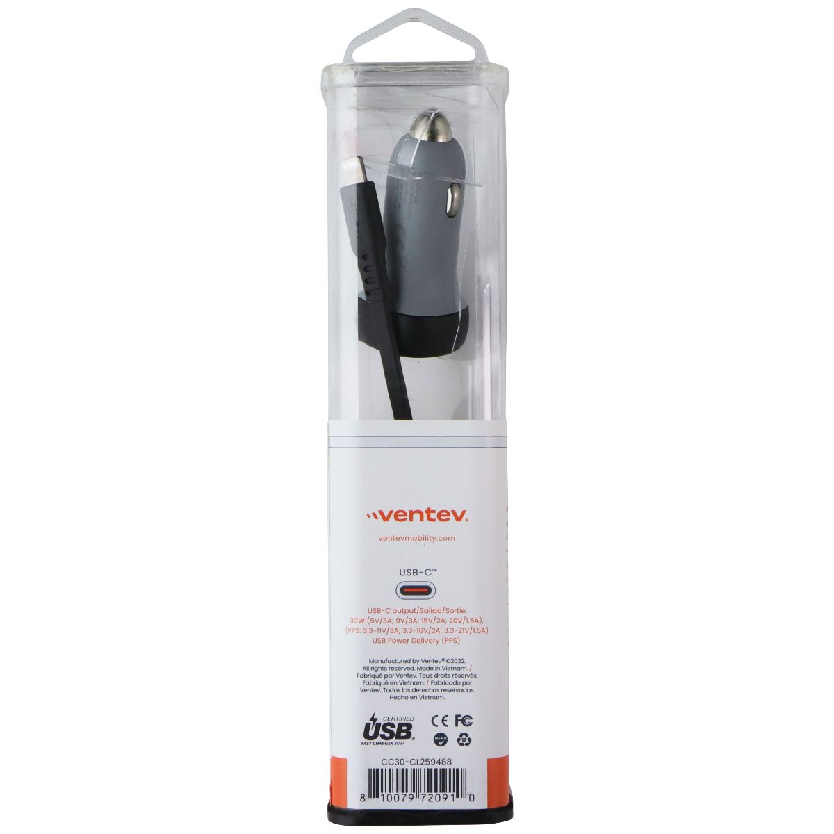 Ventev (30W) USB-C Car Charger + Cable (USB-C to Lightning 8-Pin) - Gray/Black Cell Phone - Cables & Adapters Ventev - Simple Cell Bulk Wholesale Pricing - USA Seller