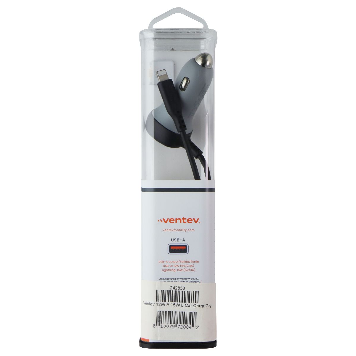 Ventev (27W) Dual Ultra Fast USB-A Car Charger with 8-Pin Connected Cable - Gray Cell Phone - Chargers & Cradles Ventev - Simple Cell Bulk Wholesale Pricing - USA Seller