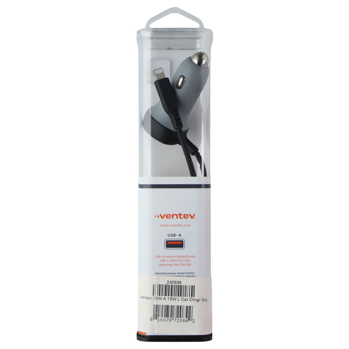 Ventev (27W) Dual Ultra Fast USB-A Car Charger with 8-Pin Connected Cable - Gray Cell Phone - Chargers & Cradles Ventev - Simple Cell Bulk Wholesale Pricing - USA Seller