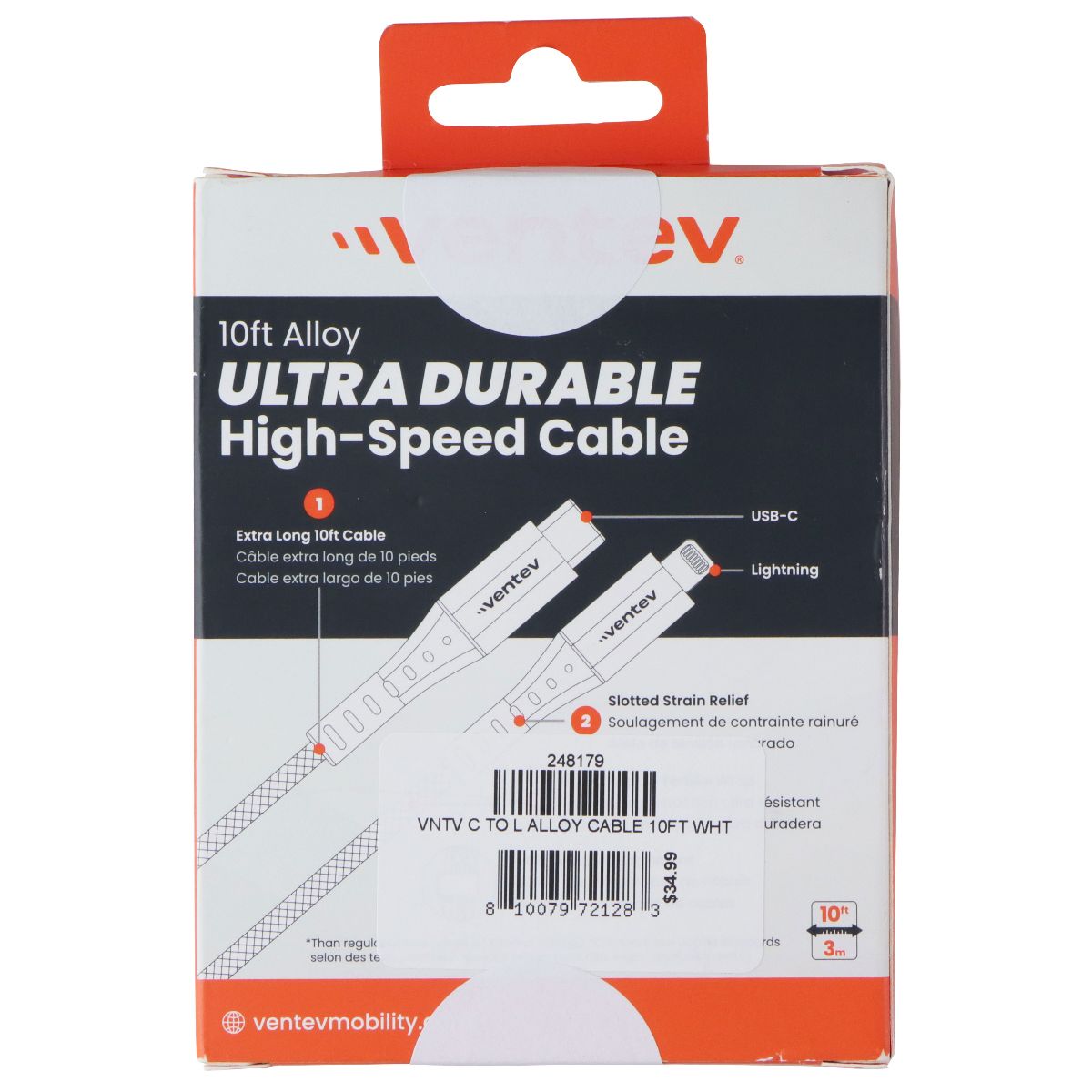 Ventev 10 Foot Alloy USB-C to Lightning 8-Pin Ultra Durable Cable - White Cell Phone - Cables & Adapters Ventev - Simple Cell Bulk Wholesale Pricing - USA Seller