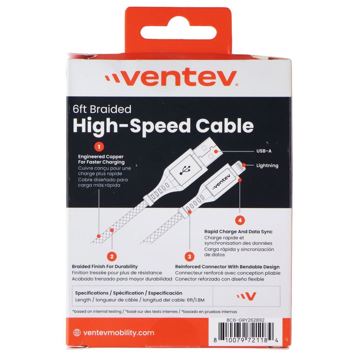 Ventev 6-Foot Braided High Speed USB-A to 8-Pin Cable - Gray Cell Phone - Cables & Adapters Ventev - Simple Cell Bulk Wholesale Pricing - USA Seller
