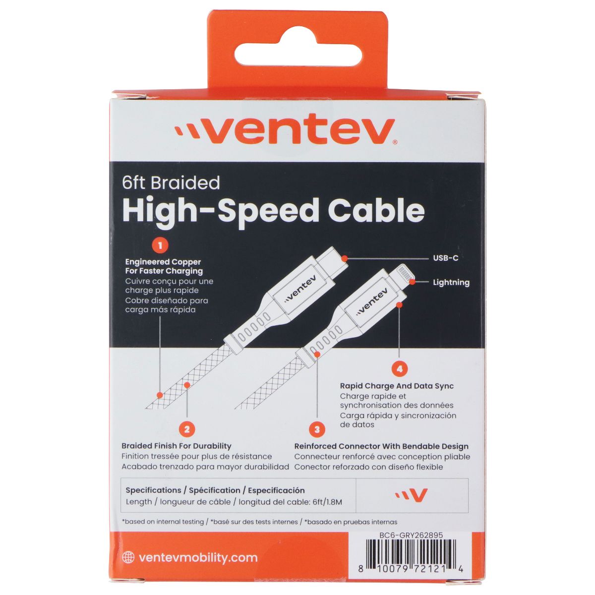 Ventev (6-Foot) USB-C to 8-Pin Braided High-Speed Cable - Black/Gray Cell Phone - Cables & Adapters Ventev - Simple Cell Bulk Wholesale Pricing - USA Seller
