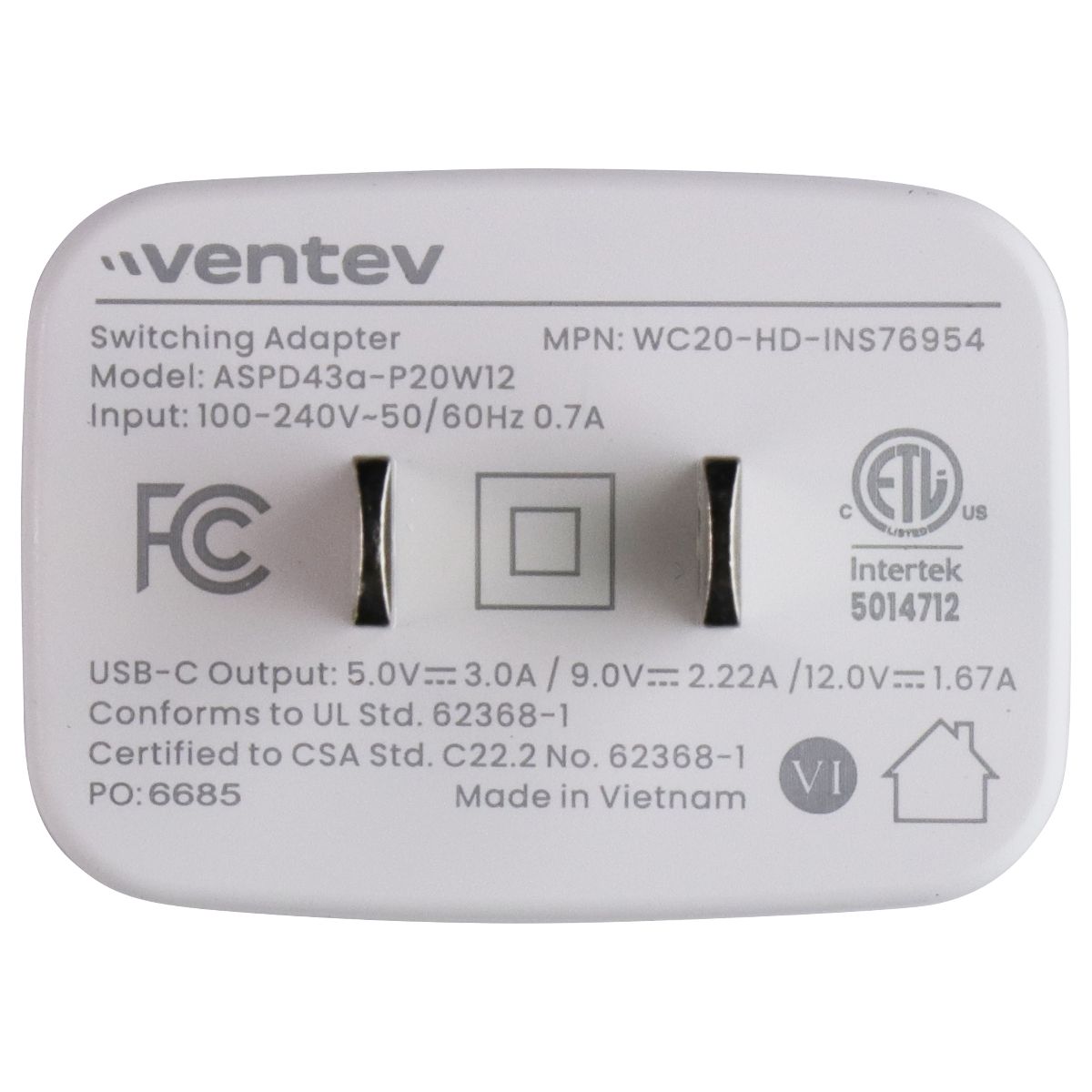 Ventev 5V/3A 20W USB-C Switching Adapter Wall Charger - White ASPD43a-P20W12