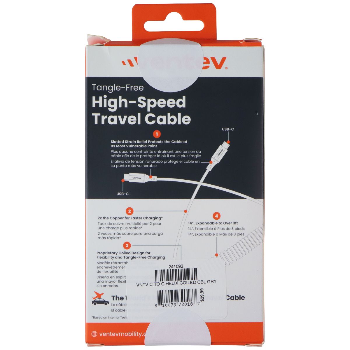 Ventev USB-C to USB-C Expandable Tangle Free High Speed Travel Cable - Gray Cell Phone - Cables & Adapters Ventev - Simple Cell Bulk Wholesale Pricing - USA Seller