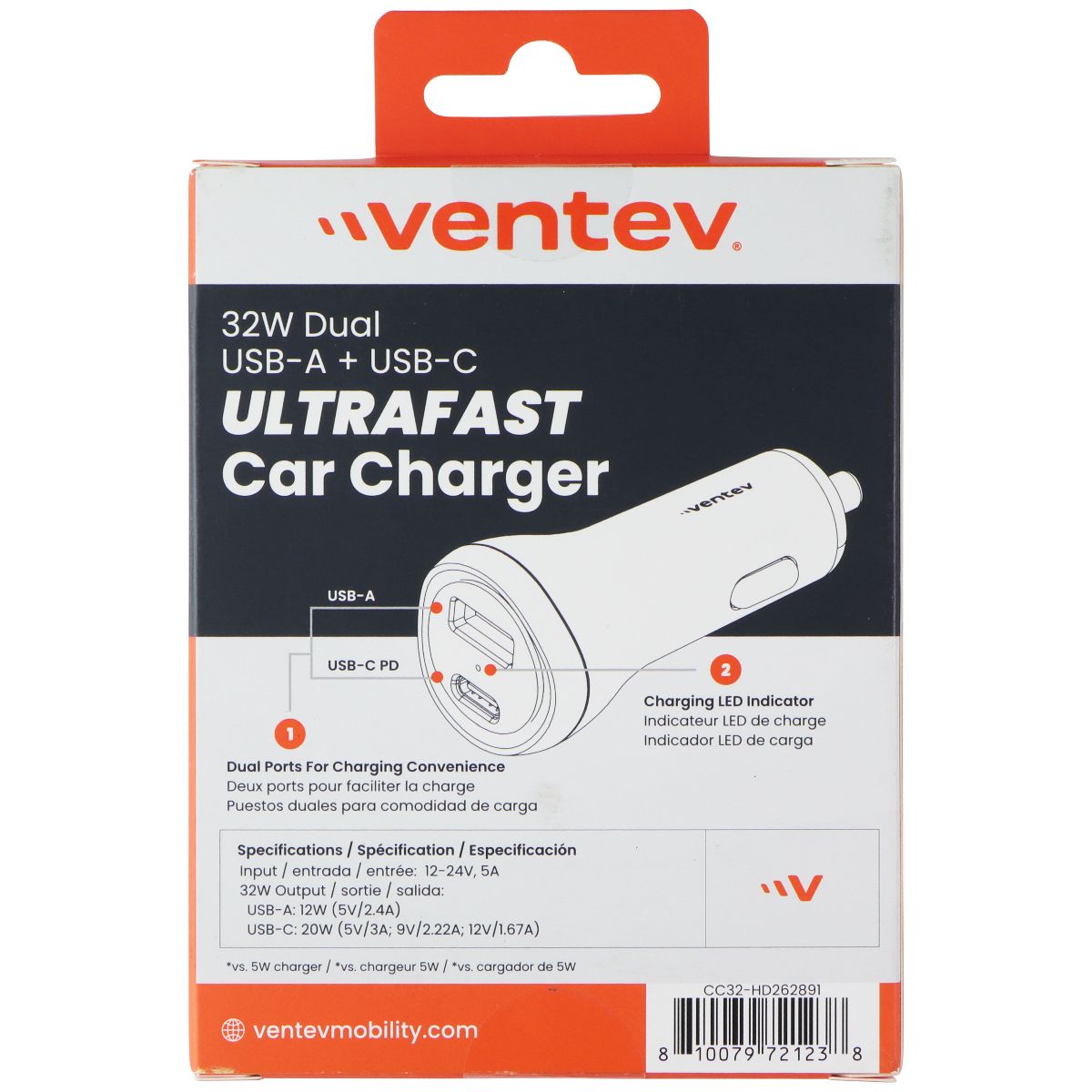 Ventev 32W Dual Port USB-A & USB-C Ultra Fast Car Charger - Black Cell Phone - Chargers & Cradles Ventev - Simple Cell Bulk Wholesale Pricing - USA Seller
