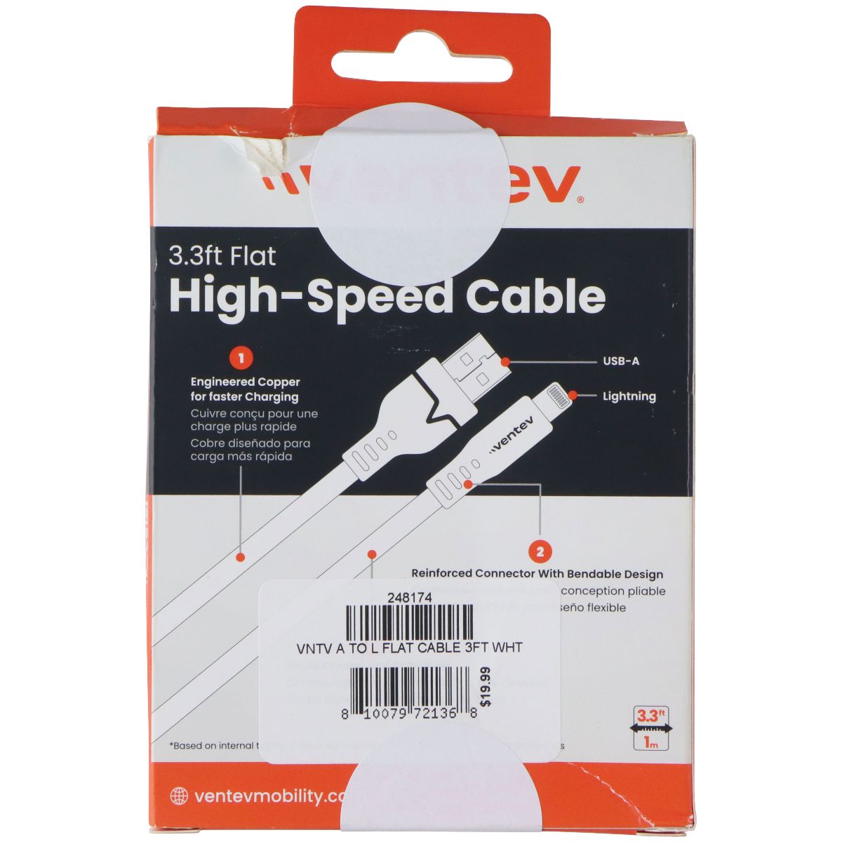 VENTEV 3.3 Foot USB-A to Lightning (8-Pin) High Speed Flat Cable - White Cell Phone - Cables & Adapters Ventev - Simple Cell Bulk Wholesale Pricing - USA Seller