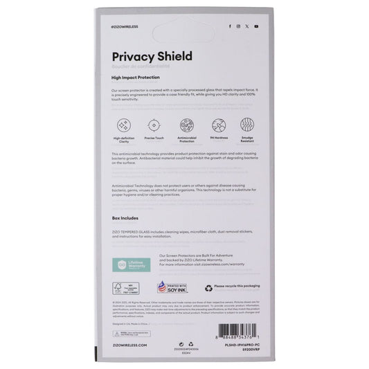 ZIZO Privacy Shield Tempered Glass Screen Protector for Apple iPhone 16 Pro Cell Phone - Screen Protectors Zizo - Simple Cell Bulk Wholesale Pricing - USA Seller