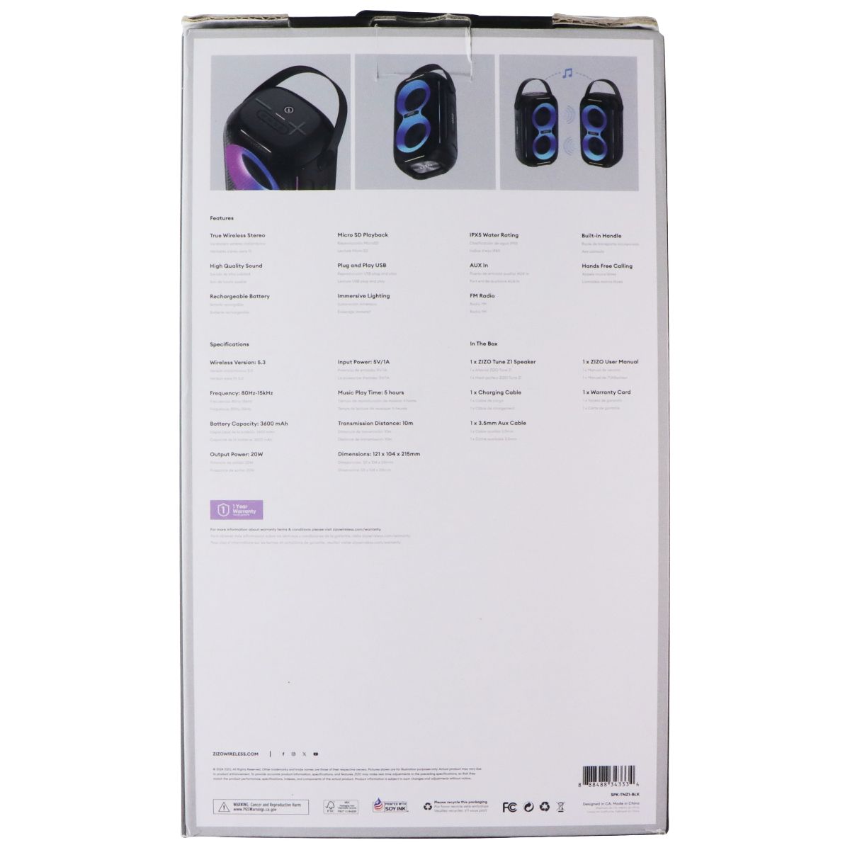 Zizo Tune Z1 20W Wireless Party Speaker with Immersive Lighting - Black iPod, Audio Player Accessories - Audio Docks & Mini Speakers Zizo - Simple Cell Bulk Wholesale Pricing - USA Seller