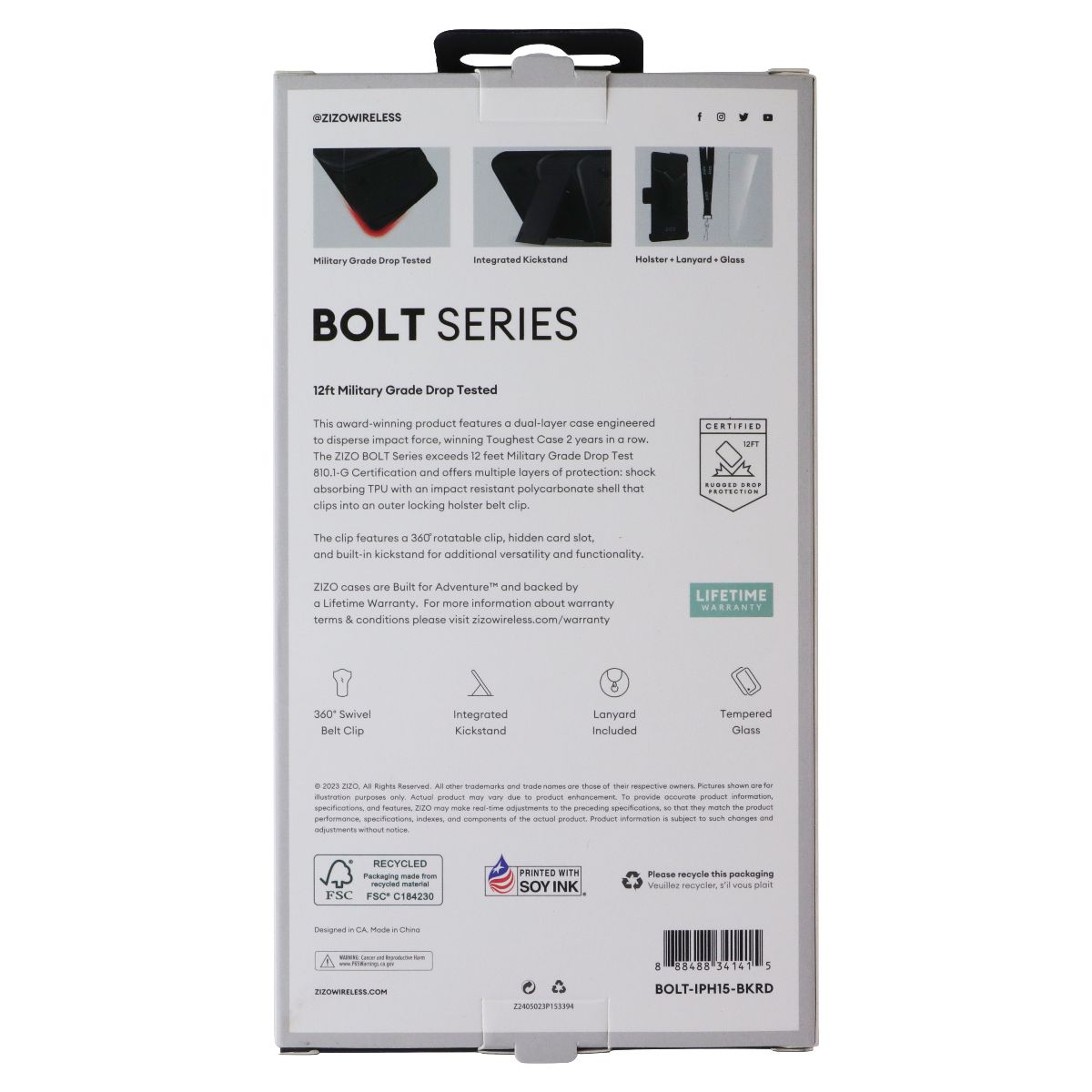 ZIZO Bolt Bundle with Case/Holster/Tempered Glass for iPhone 15 - Black/Red