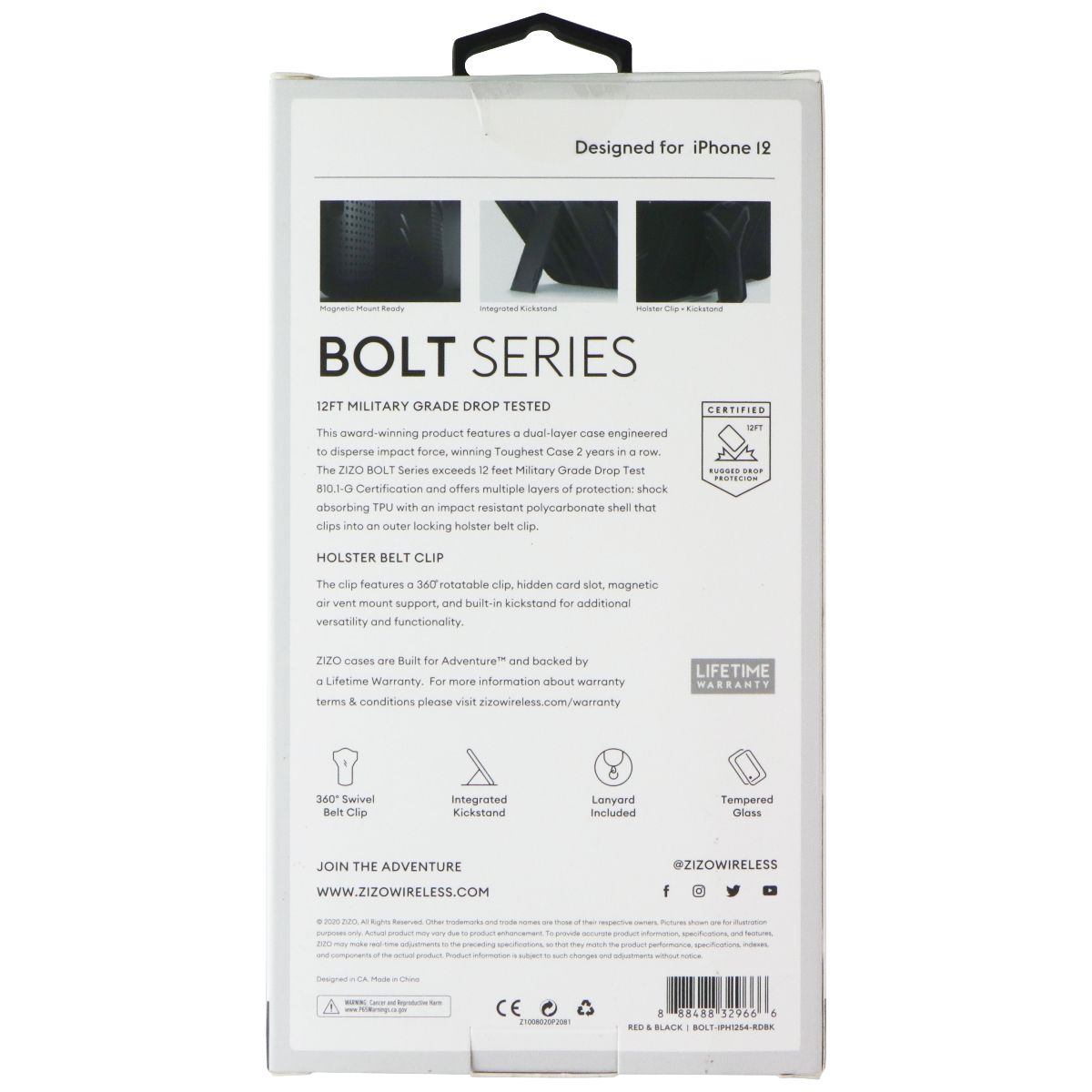 Zizo Bolt Series Case / Holster / Glass for Apple iPhone 12 Mini - Red/Black Cell Phone - Cases, Covers & Skins Zizo - Simple Cell Bulk Wholesale Pricing - USA Seller