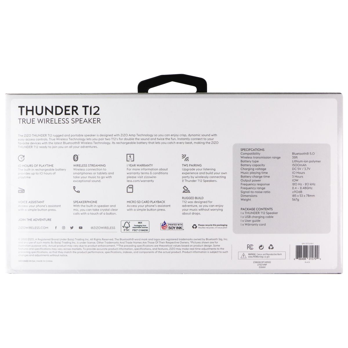 ZIZO Thunder T12 Wireless Bluetooth Speaker - Black Home Multimedia - Home Speakers & Subwoofers Zizo - Simple Cell Bulk Wholesale Pricing - USA Seller