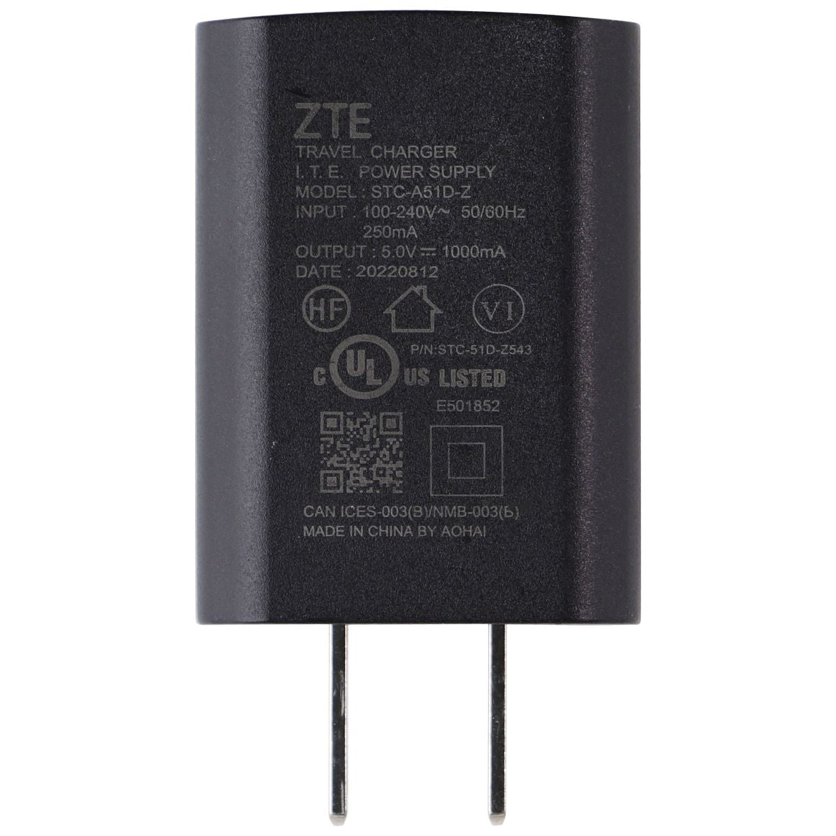 ZTE 5V/1A Single USB Wall Charger Travel Adapter - Black (STC-A51D-Z)