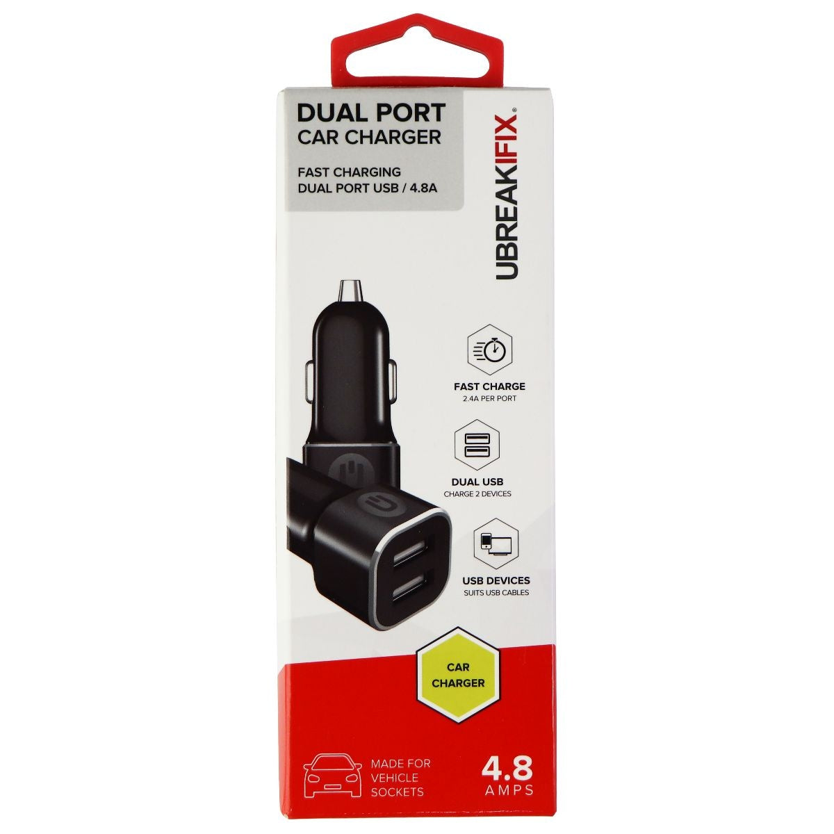 UBREAKIFIX Dual USB Port 4.8A Car Charger with Fast Charging - Black Cell Phone - Chargers & Cradles UBREAKIFIX - Simple Cell Bulk Wholesale Pricing - USA Seller