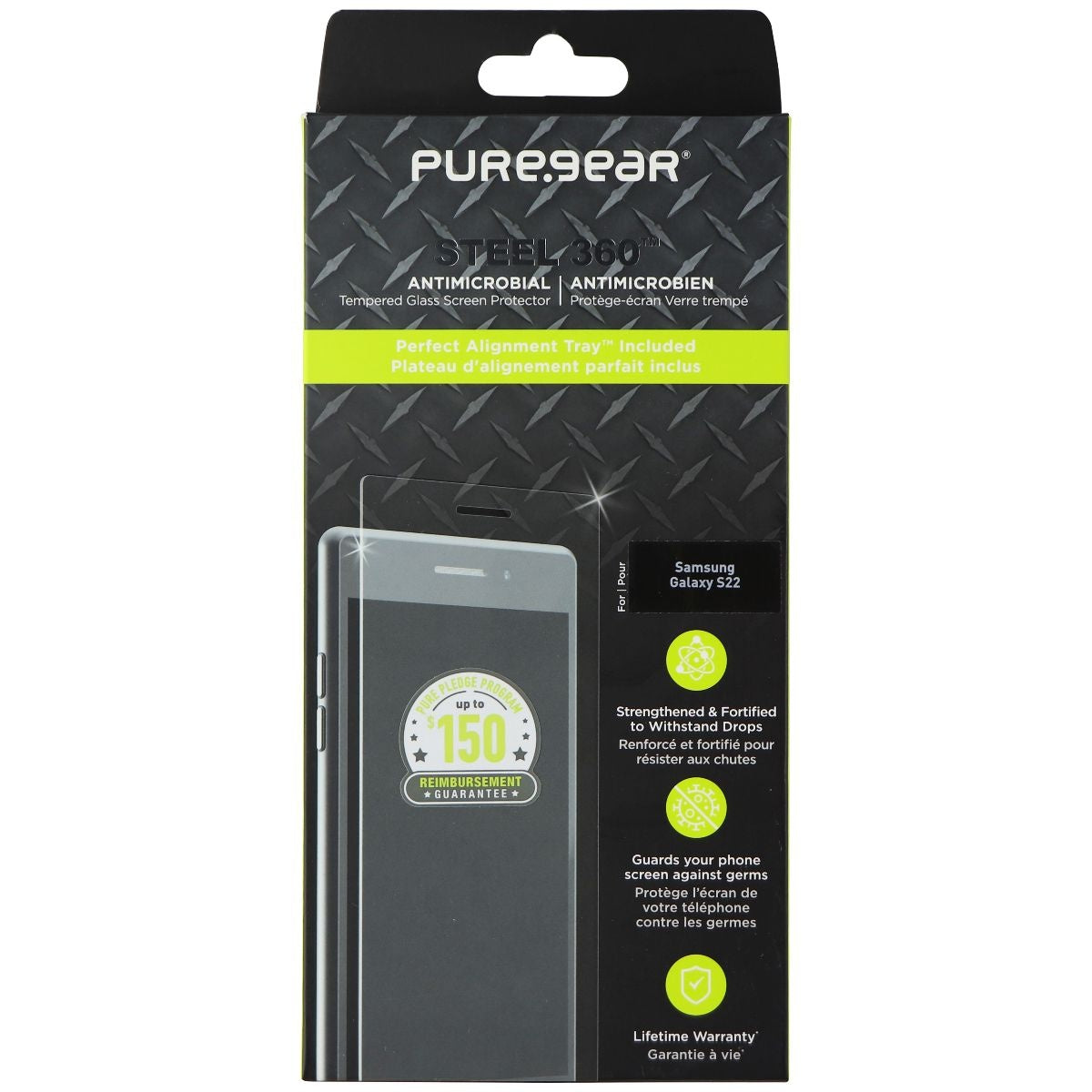 PureGear Steel 360 Tempered Glass with Alignment Tray for Samsung Galaxy S22 Cell Phone - Screen Protectors PureGear - Simple Cell Bulk Wholesale Pricing - USA Seller