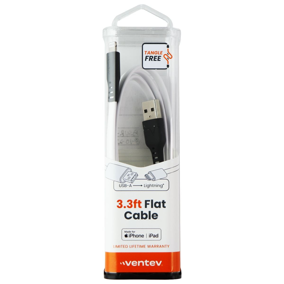 Ventev (3.3-Ft) Flat Lightning 8-Pin to USB-A Charge/Sync MFi Cable - White/Blk Cell Phone - Cables & Adapters Ventev - Simple Cell Bulk Wholesale Pricing - USA Seller