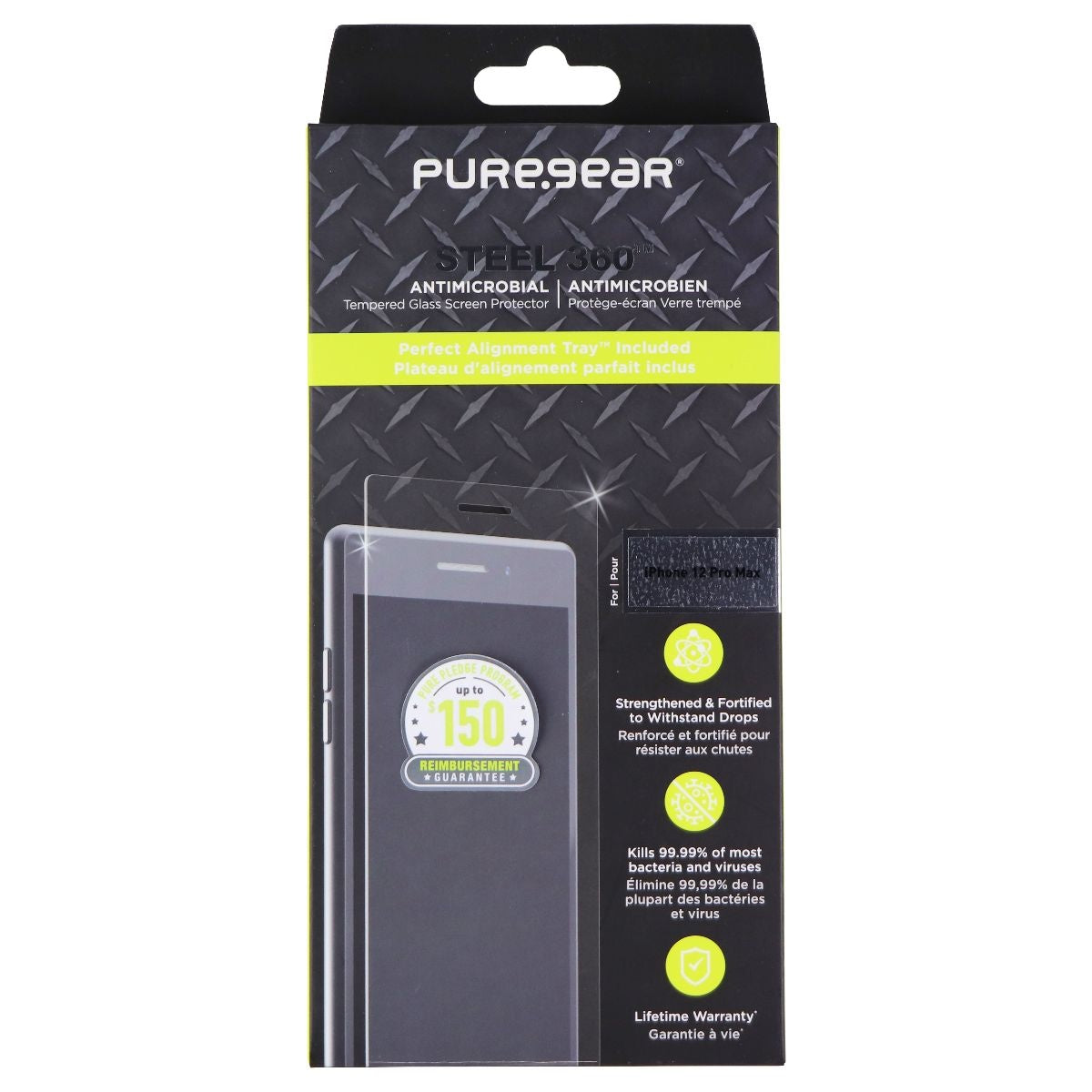 PureGear Steel 360 Tempered Glass Protector for Apple iPhone 12 Pro Max - Clear Cell Phone - Screen Protectors PureGear - Simple Cell Bulk Wholesale Pricing - USA Seller