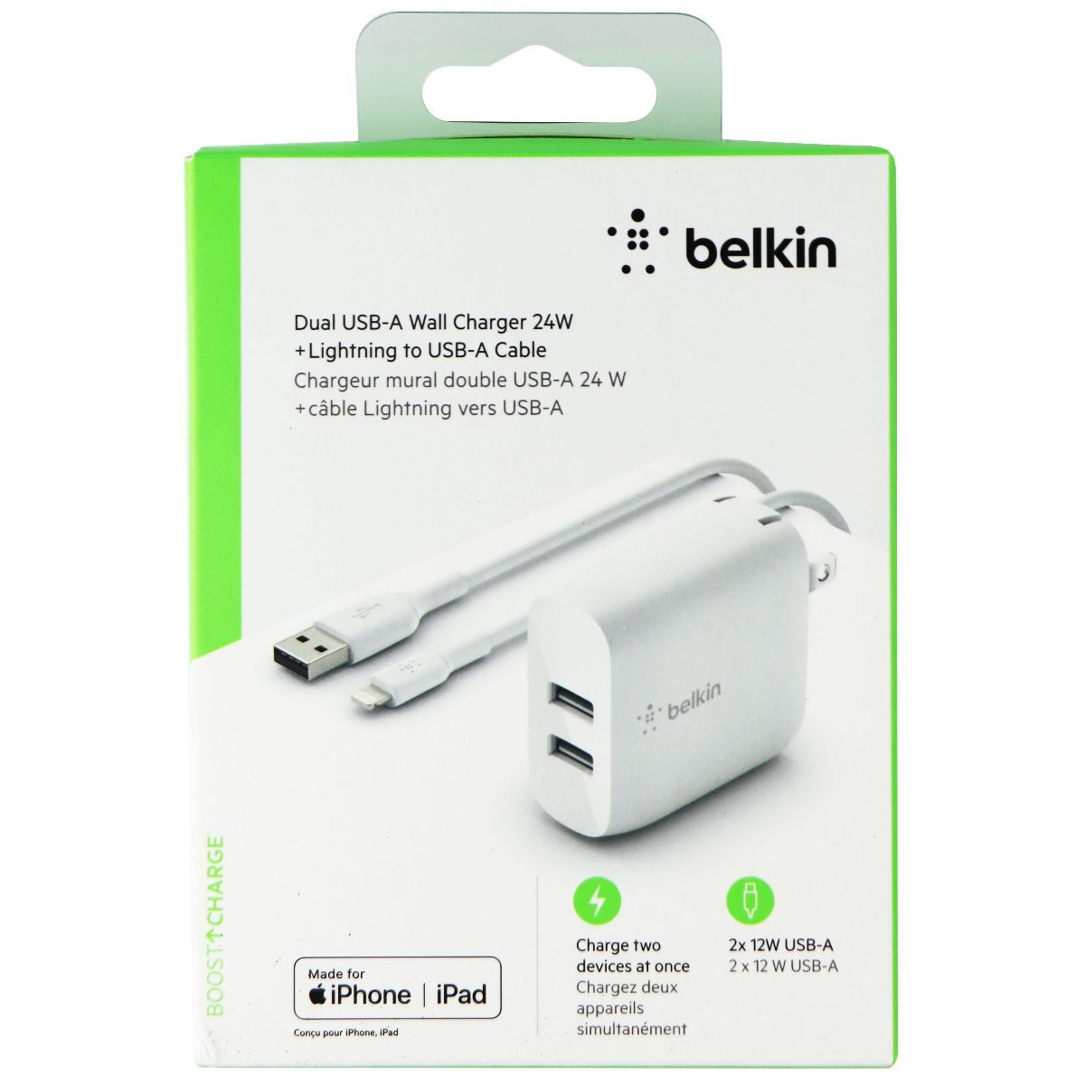 Belkin Dual USB Wall Charger (24W) + Lightning 8-Pin Cable for iPhone - White Cell Phone - Chargers & Cradles Belkin - Simple Cell Bulk Wholesale Pricing - USA Seller
