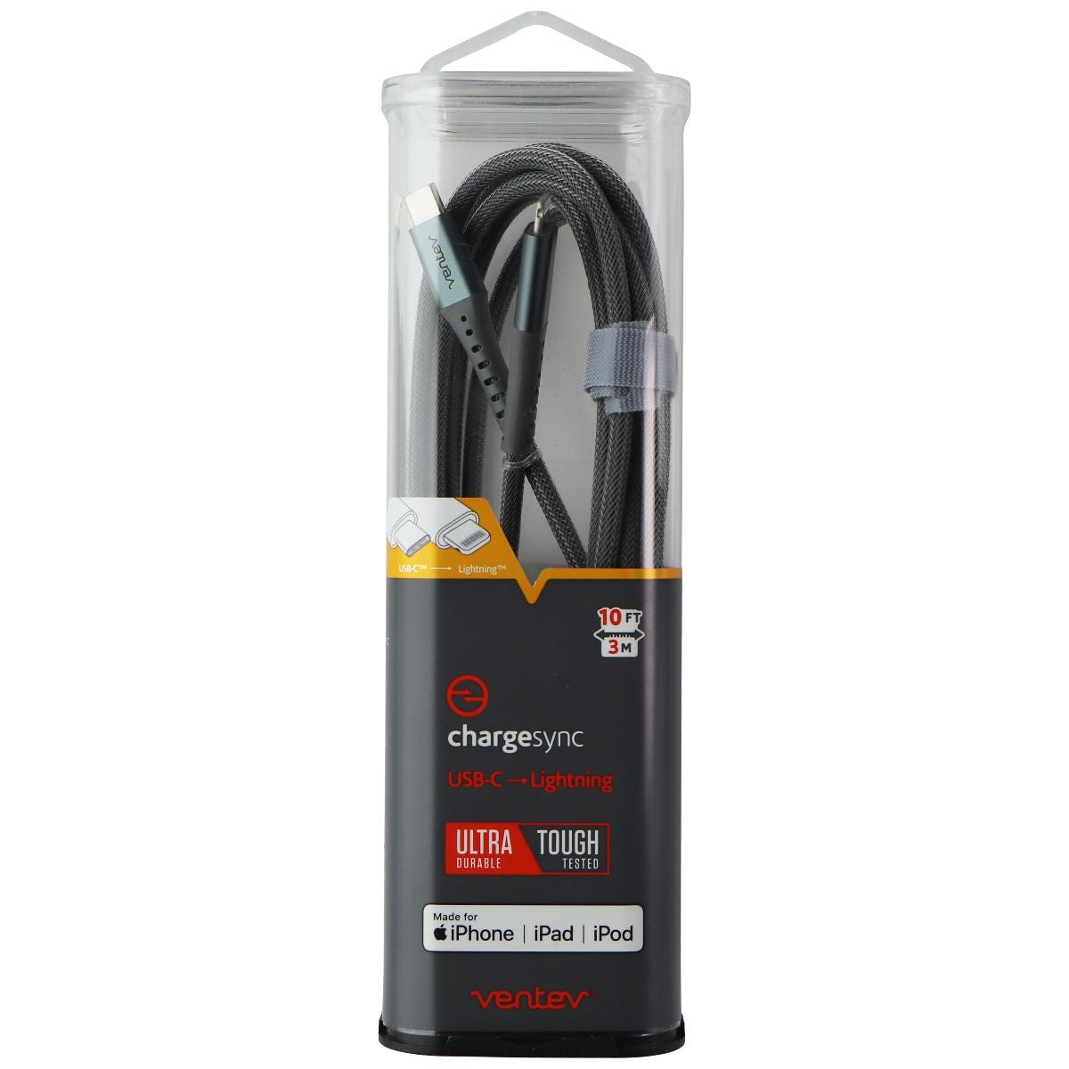 Ventev (10-Ft) ChargeSync USB-C to Lightning 8-Pin Braided Cable - Steel Gray Cell Phone - Cables & Adapters Ventev - Simple Cell Bulk Wholesale Pricing - USA Seller